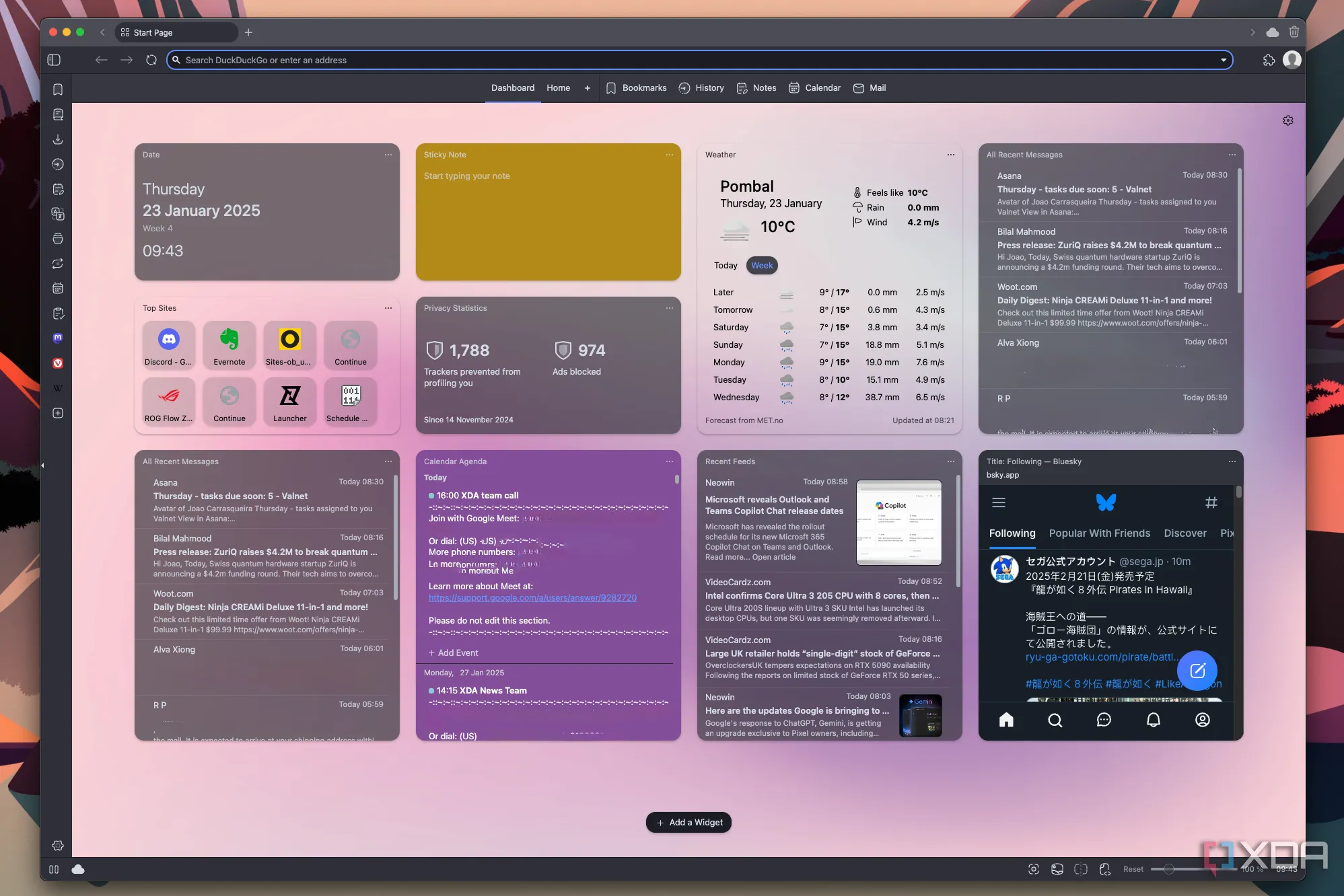 Giao diện Dashboard tùy chỉnh trên Vivaldi 7.1 hiển thị các widget và thông tin cá nhân hóa.