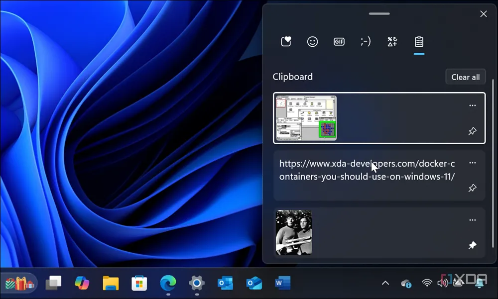 Giao diện lịch sử Clipboard trên Windows 11, cho phép người dùng xem và quản lý các mục đã sao chép, bao gồm cả tùy chọn ghim cố định.