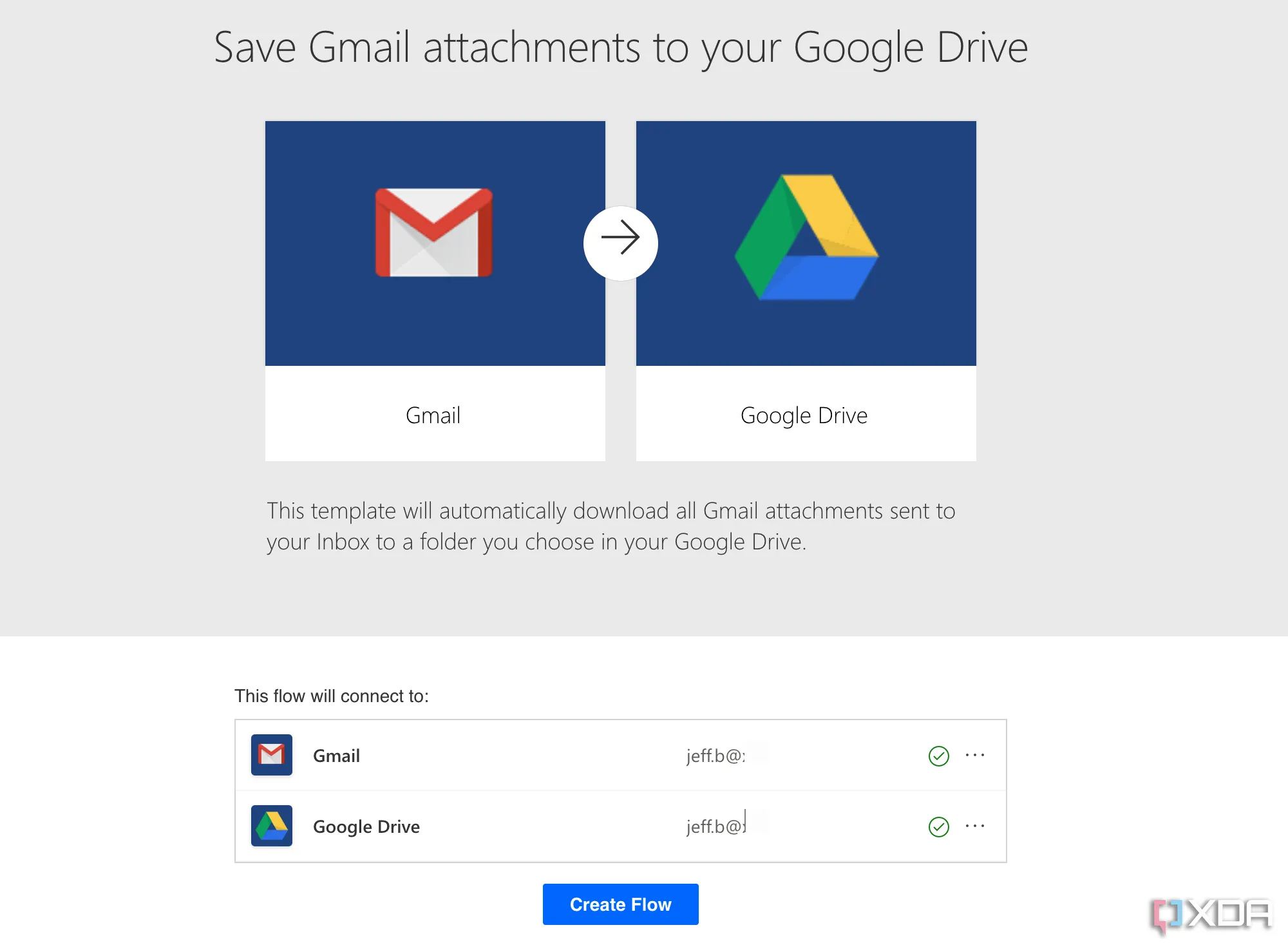Giao diện Microsoft Power Automate hiển thị luồng tự động hóa để lưu tệp đính kèm Gmail