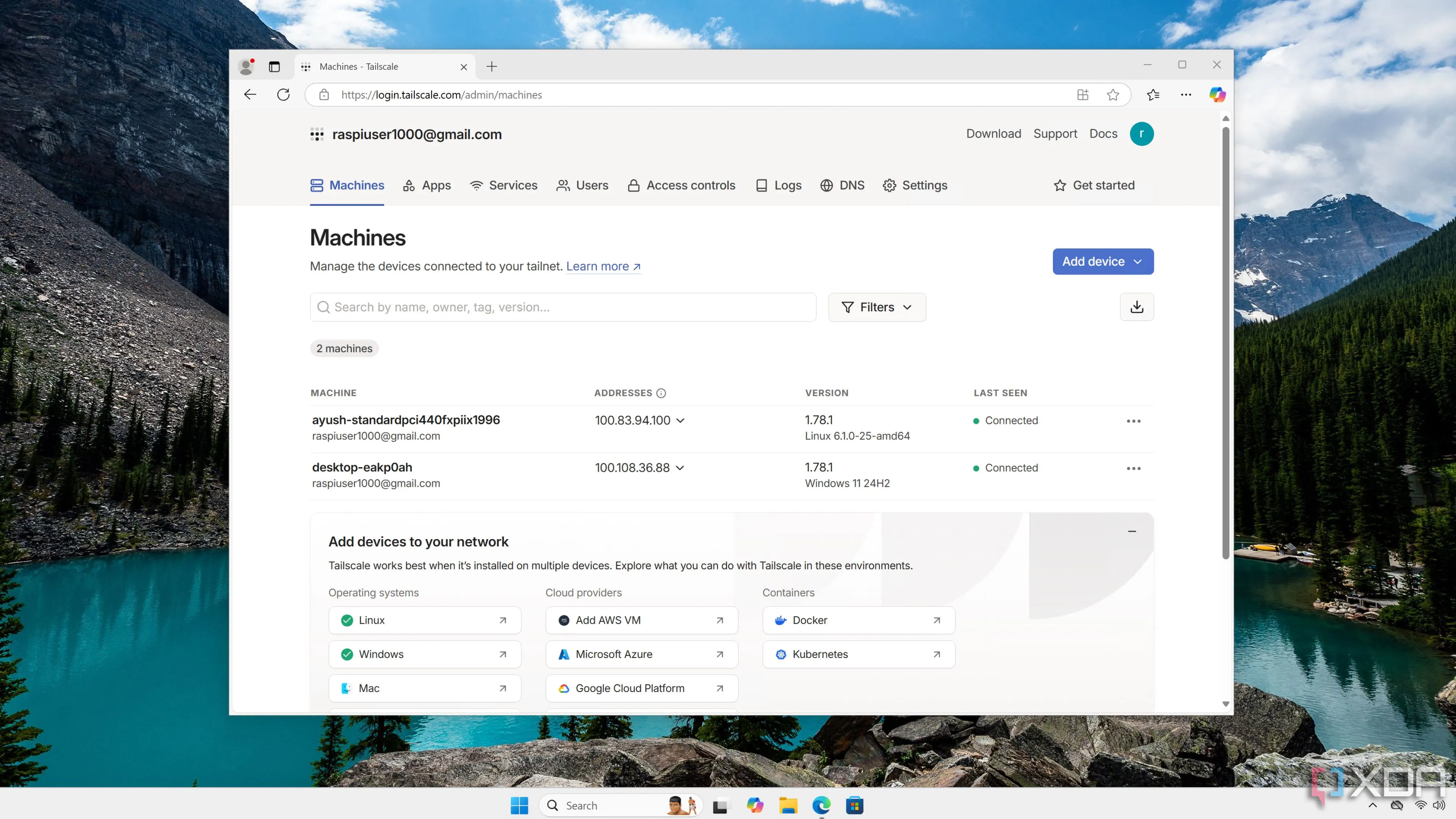 Giao diện người dùng web của Tailscale, một công cụ VPN mesh để truy cập các dịch vụ tự host