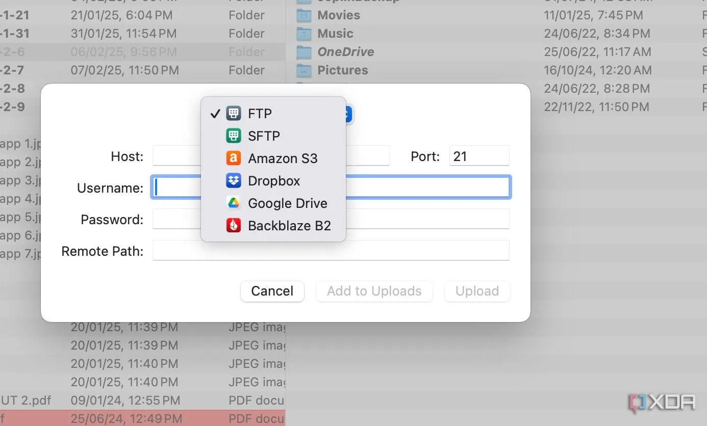 Giao diện Path Finder với tùy chọn tải tệp lên các dịch vụ lưu trữ đám mây như Google Drive và Dropbox.