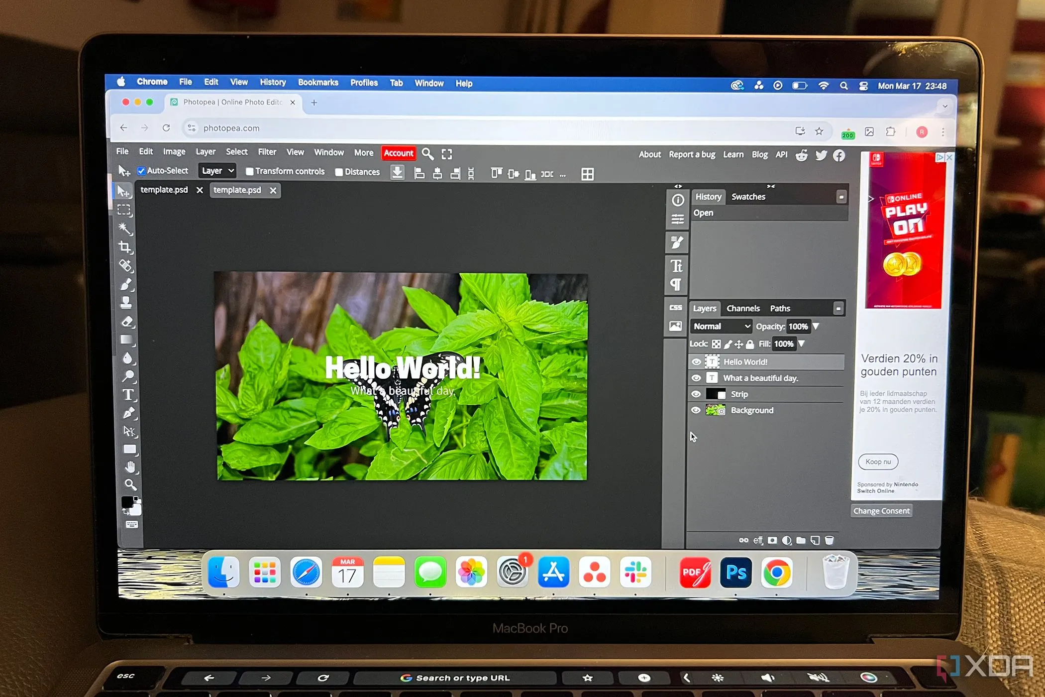 Giao diện Photopea trên MacBook, thể hiện khả năng chỉnh sửa ảnh online giống Photoshop