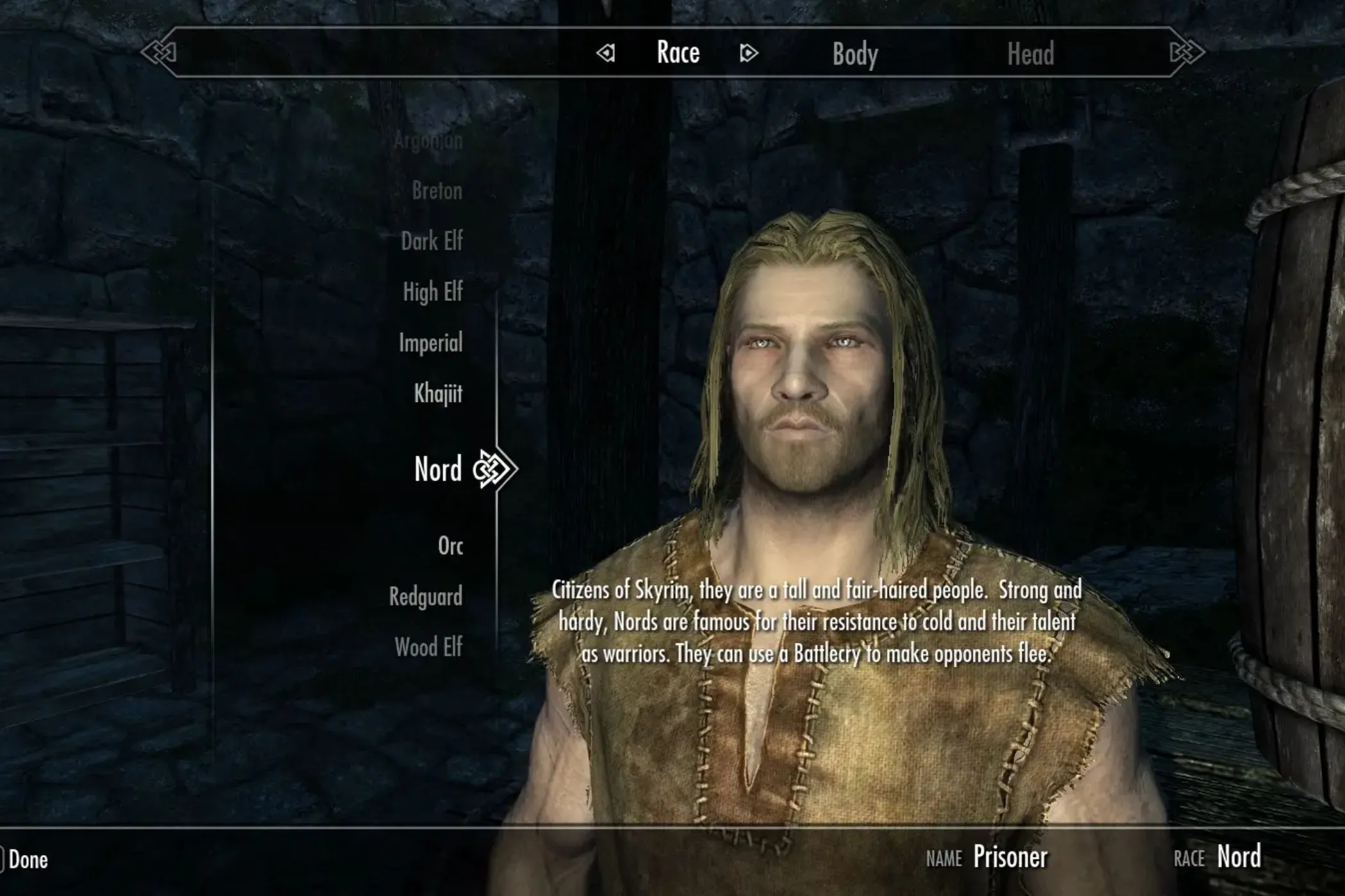 Giao diện tạo nhân vật của mod Alternate Start trong Skyrim, hiển thị các tùy chọn khởi đầu khác nhau cho người chơi.