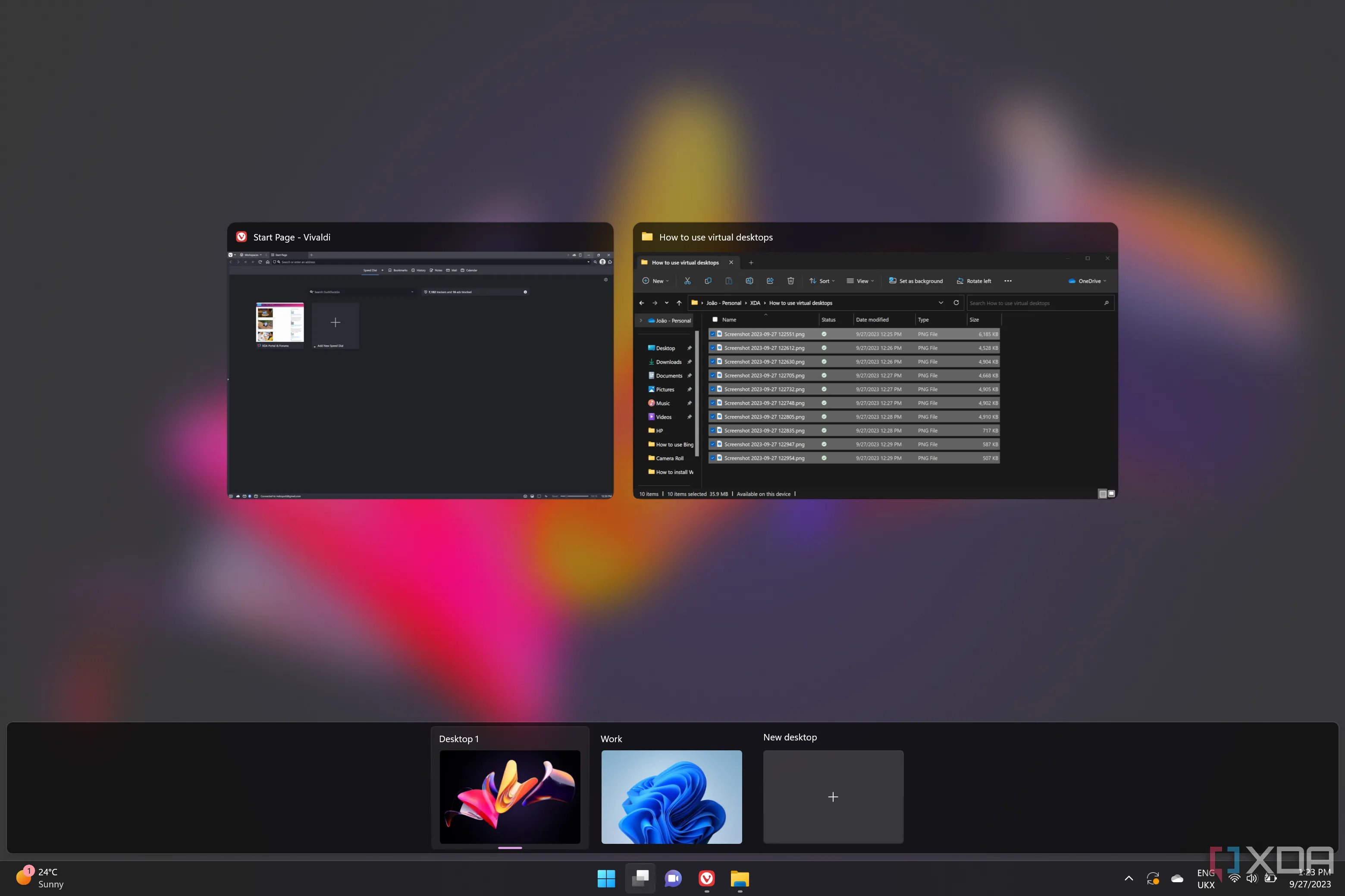 Giao diện Task View trong Windows 11, hiển thị việc quản lý nhiều màn hình ảo và các ứng dụng đang chạy, giúp người dùng tăng năng suất.