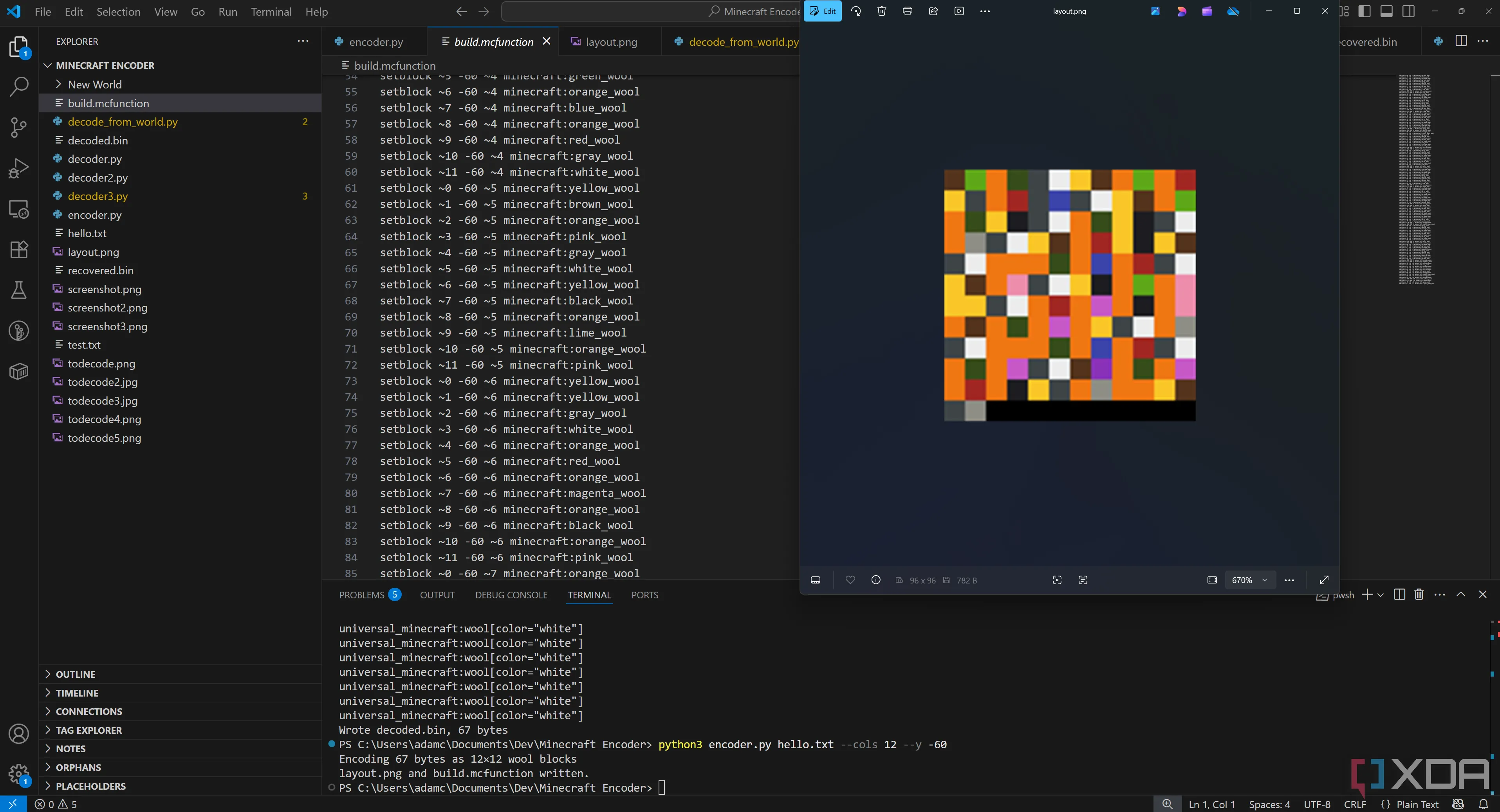 Giao diện terminal hiển thị quá trình chạy công cụ mã hóa file Minecraft, tạo ra ảnh tham chiếu và file mcfunction.