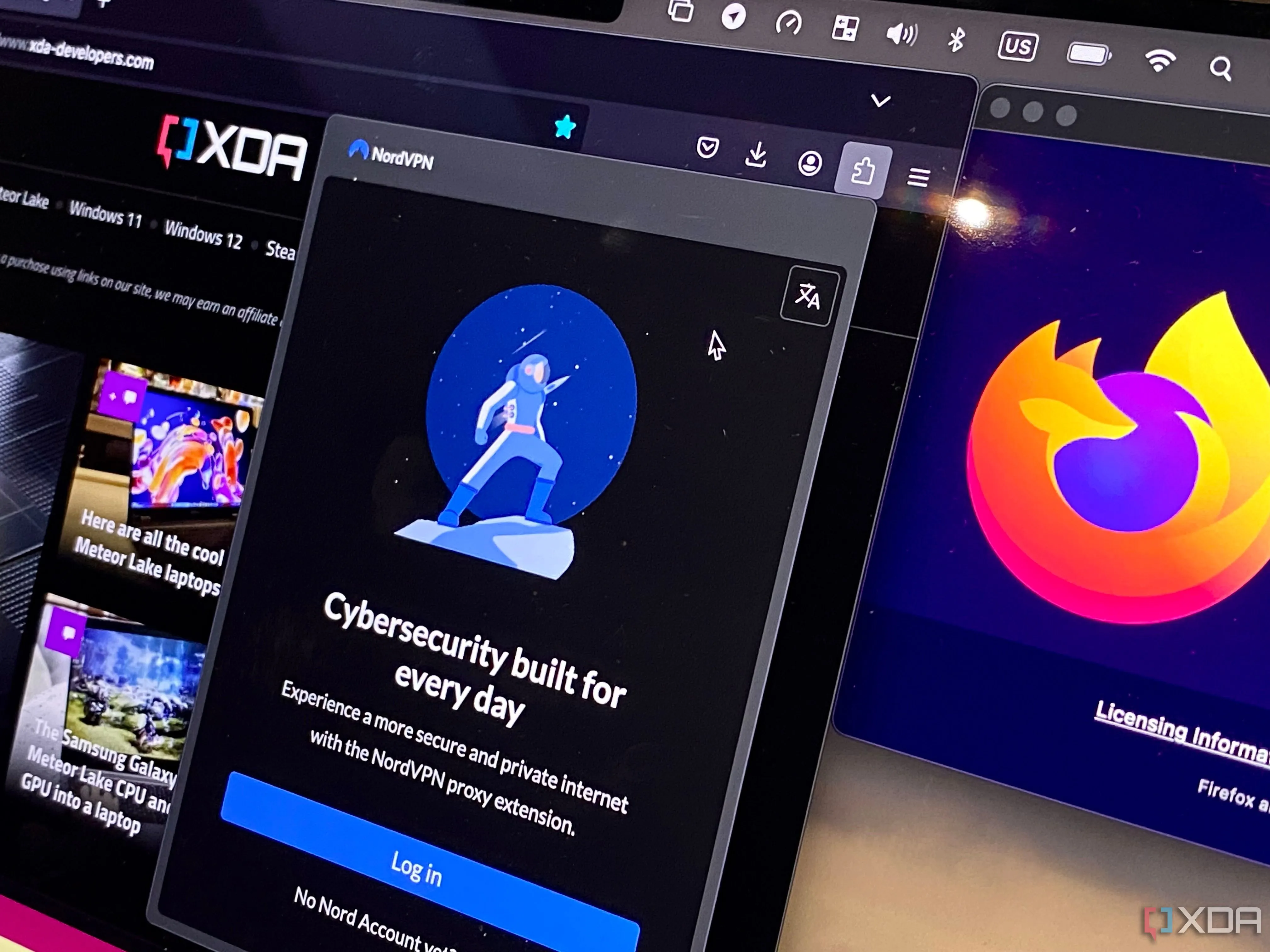 Giao diện tiện ích mở rộng NordVPN trên Firefox