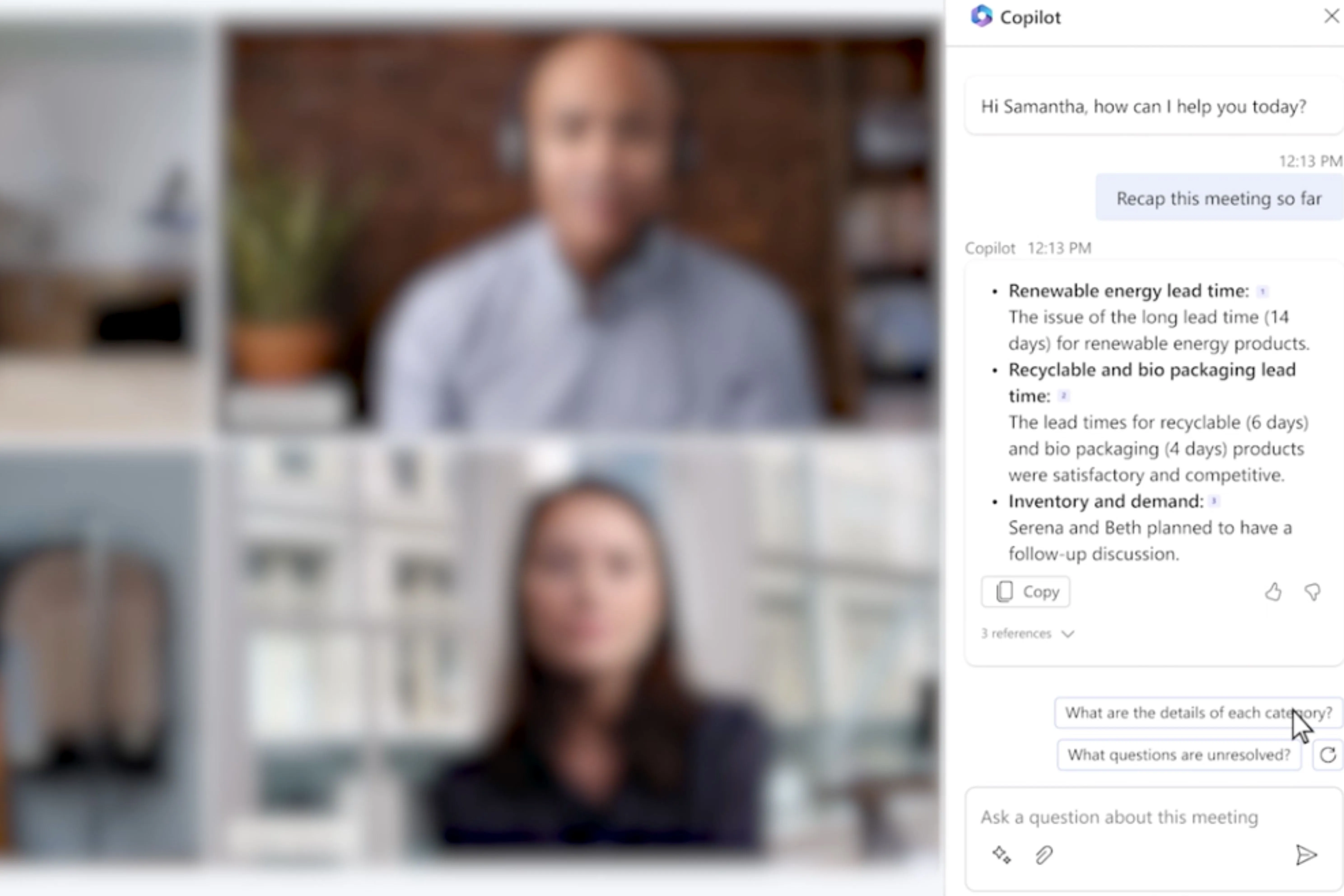Giao diện tóm tắt cuộc họp được tạo bởi Copilot trong Microsoft Teams.