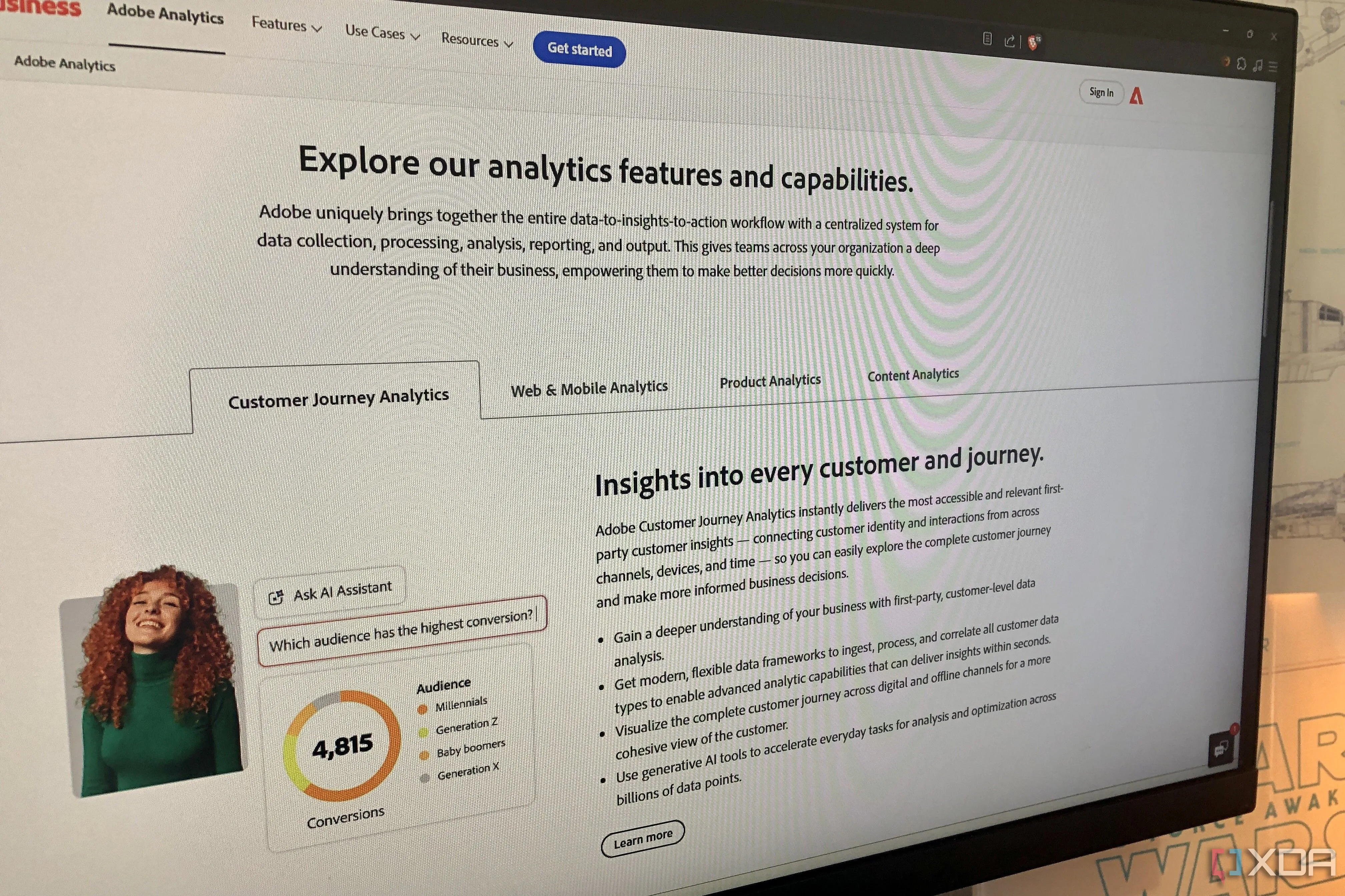 Giao diện trang Adobe Analytics, minh họa việc thu thập và phân tích dữ liệu người dùng của Adobe.