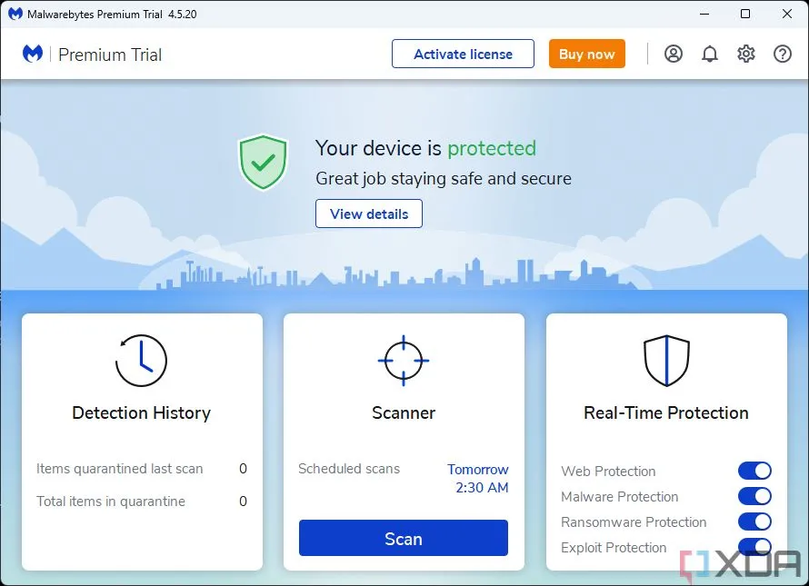 Giao diện trang chủ phần mềm diệt virus Malwarebytes, một lựa chọn thay thế Defender