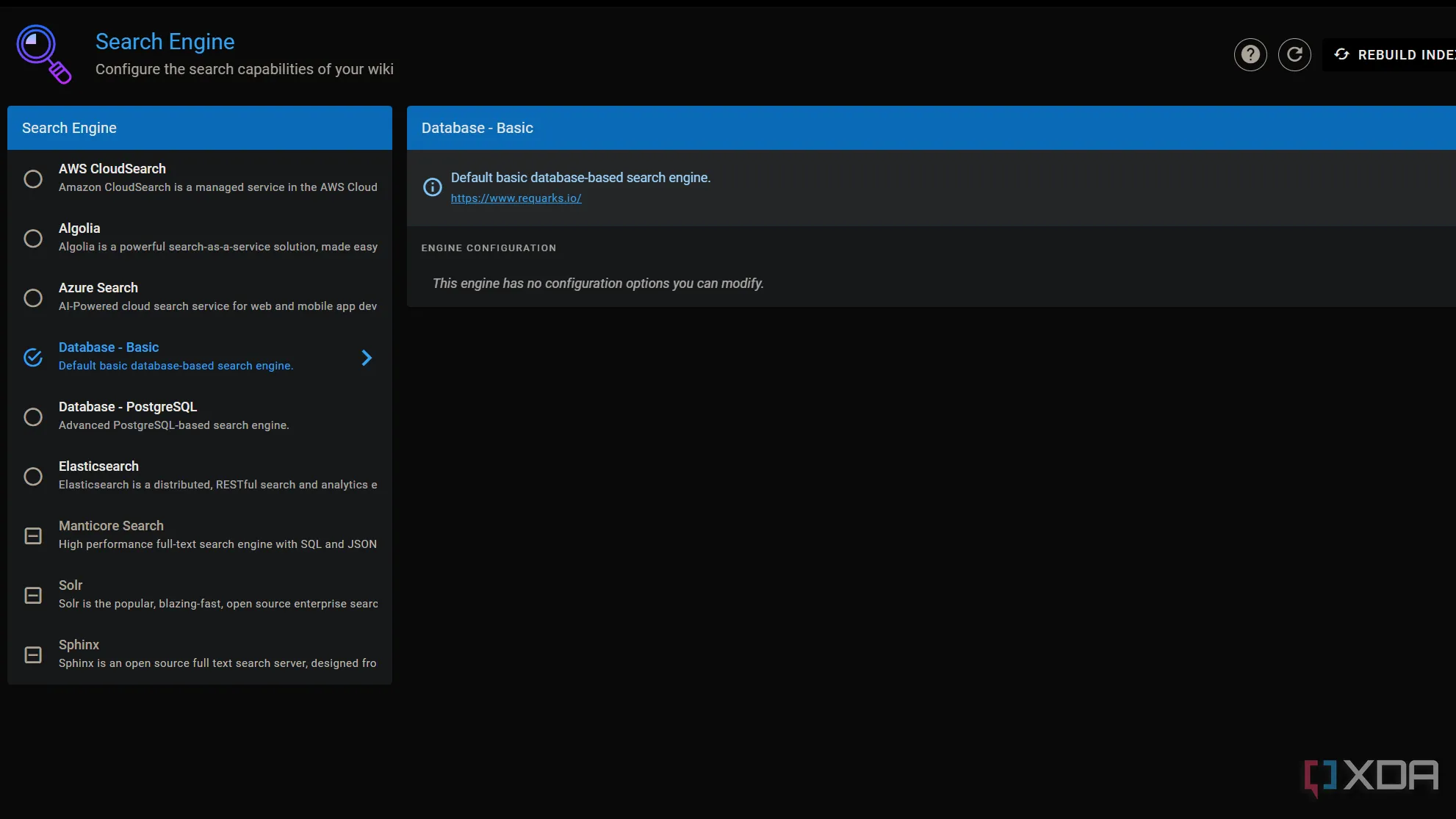 Giao diện tùy chọn công cụ tìm kiếm trong Wiki.js với các lựa chọn như Database, Algolia và Elasticsearch
