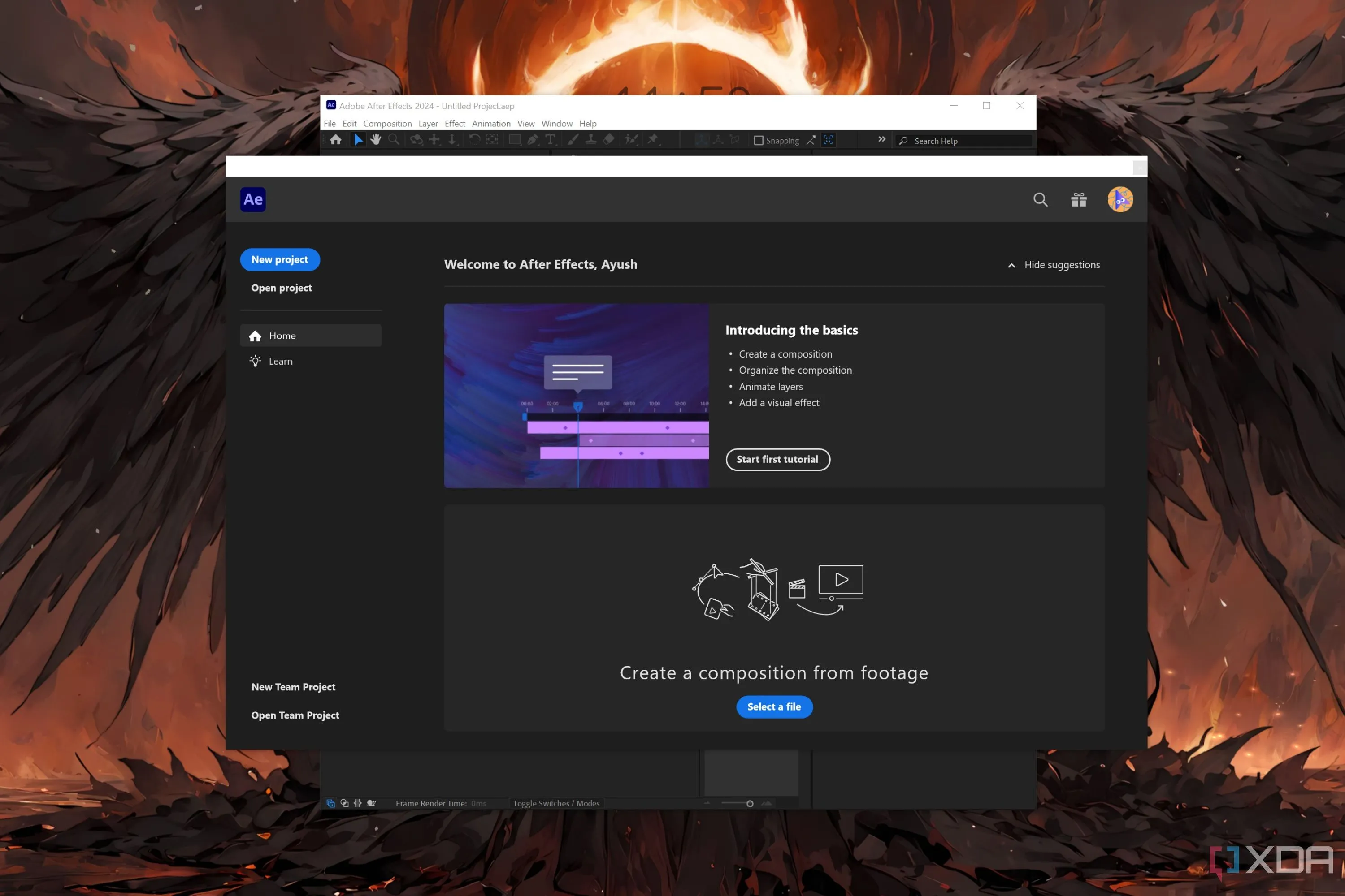 Giao diện ứng dụng Adobe After Effects trên máy tính