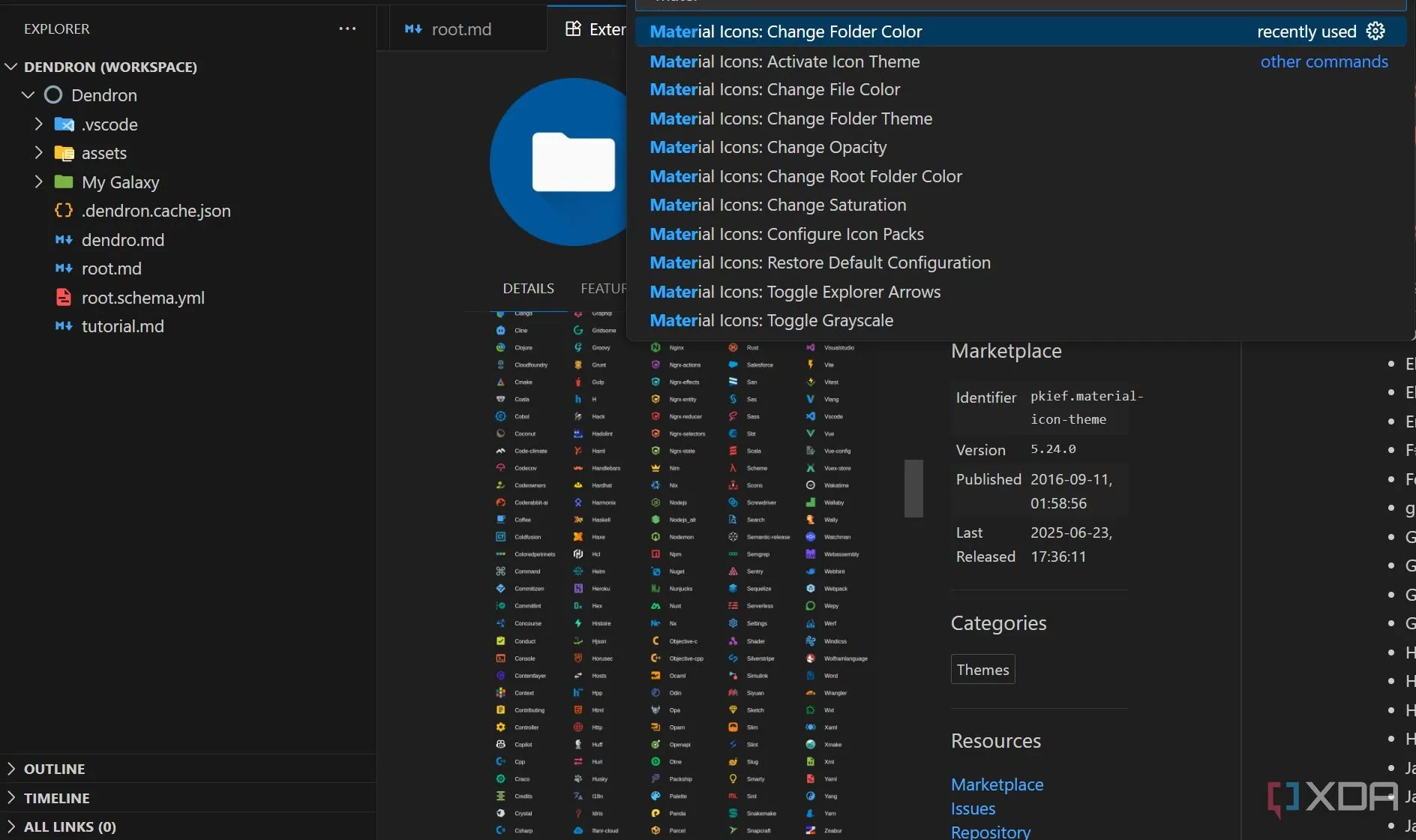 Giao diện VS Code với các biểu tượng file và thư mục đầy màu sắc từ Material Icon Theme, giúp dễ nhận diện loại file.