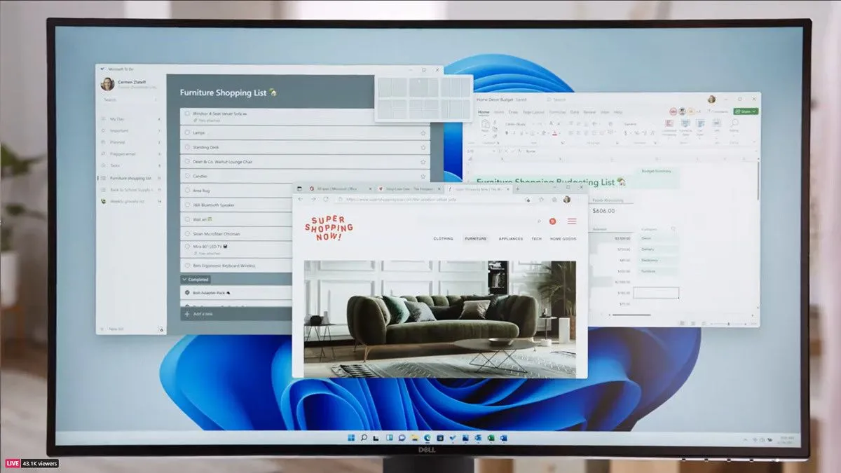 Giao diện Windows 11 với tính năng Snap Layouts, cho phép người dùng dễ dàng sắp xếp và quản lý các cửa sổ ứng dụng trên màn hình để làm việc đa nhiệm.