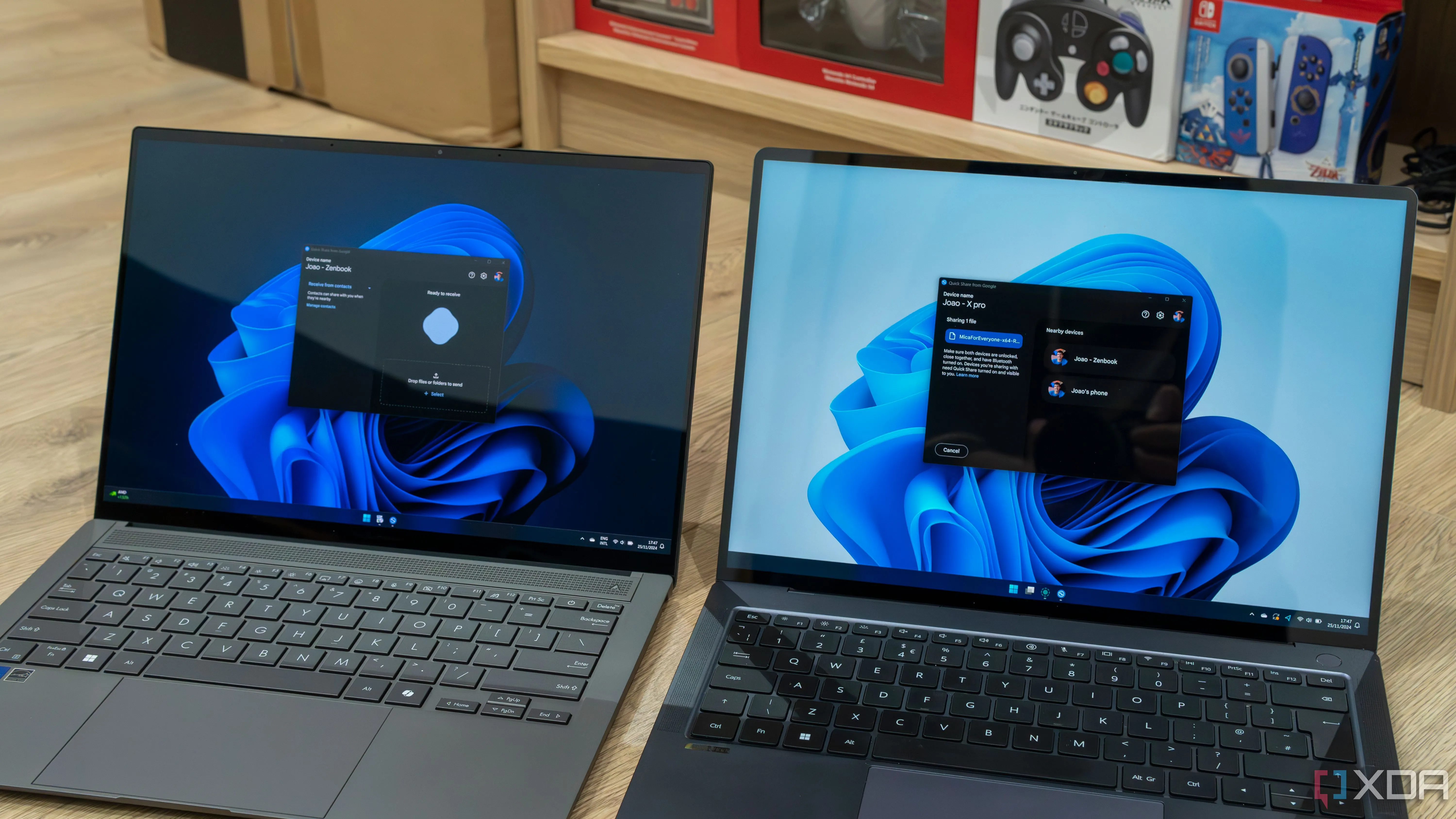 Hai laptop Windows 11 minh họa cách chia sẻ tài liệu