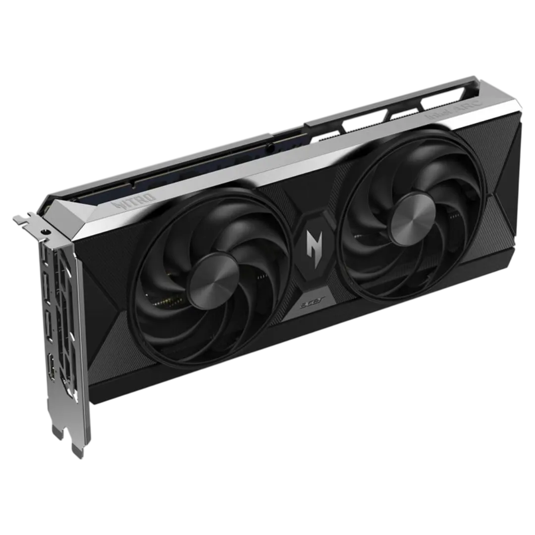 Hình ảnh bản render card đồ họa Acer Nitro Intel Arc B580 nhìn từ một góc