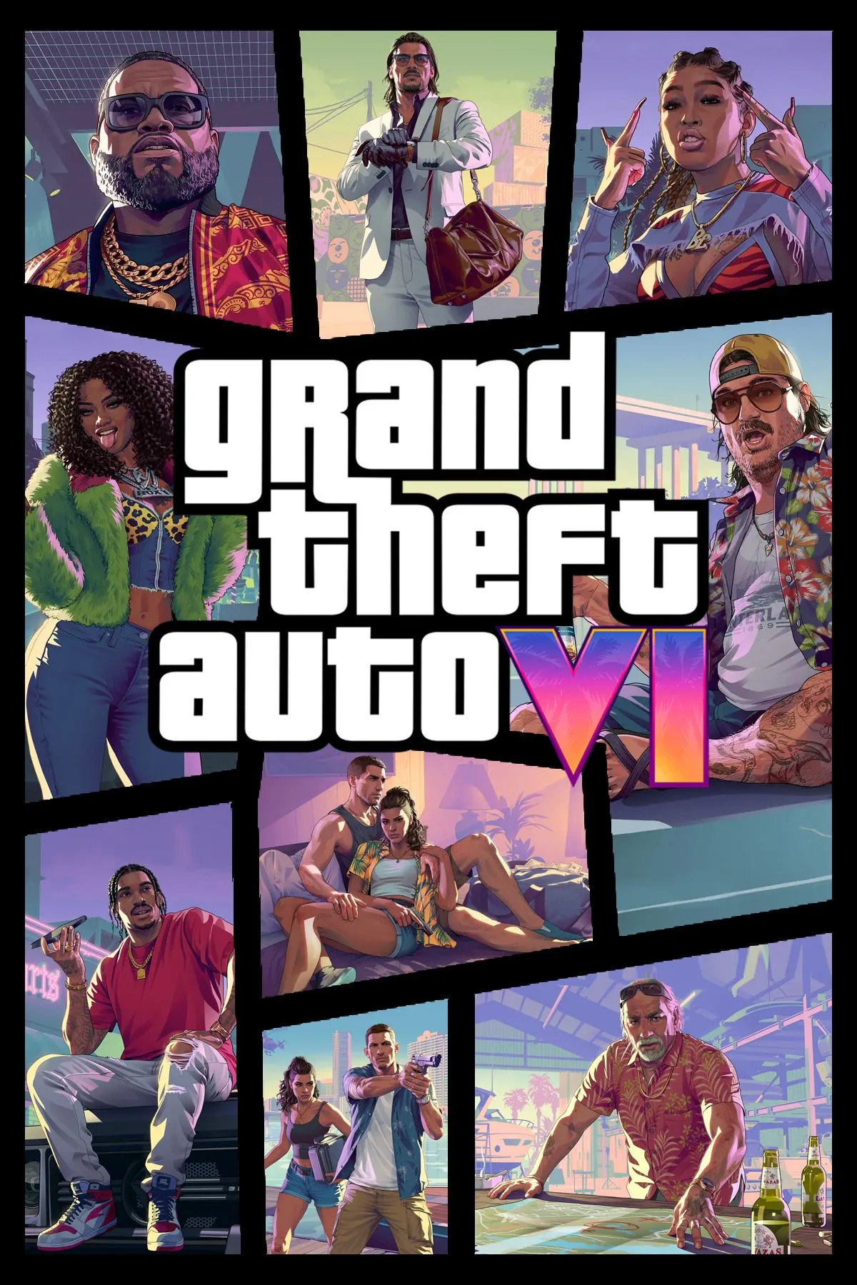 Hình ảnh bìa chính thức của Grand Theft Auto 6, thể hiện phong cách đồ họa đặc trưng và không khí chờ đợi của tựa game bom tấn.