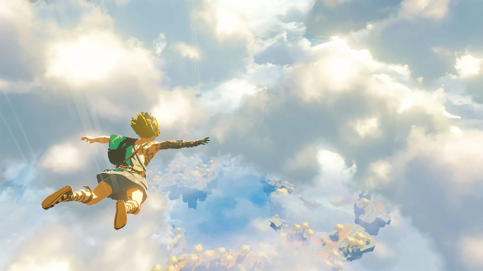 Hình ảnh Link đang bay lượn trên bầu trời trong The Legend of Zelda: Tears of the Kingdom, minh họa sự hùng vĩ của thế giới game.