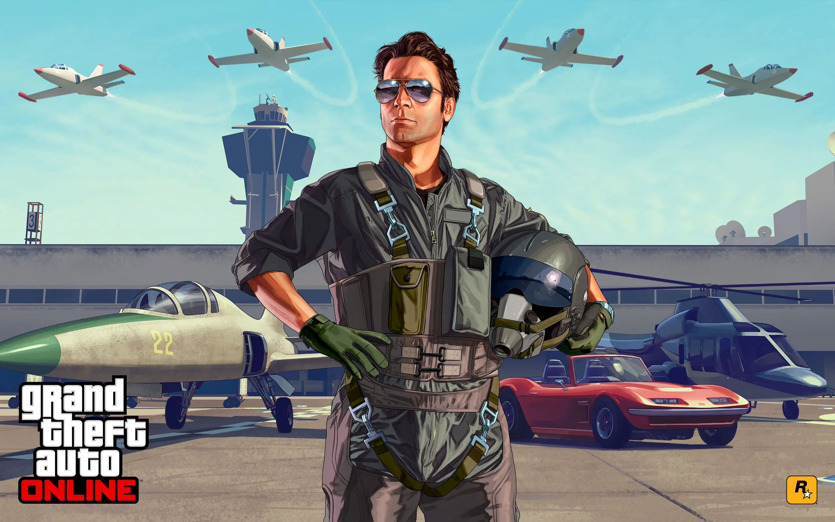 Hình ảnh quảng bá của Grand Theft Auto Online, thể hiện một phi công đứng trên đường băng với máy bay bay phía trên, minh họa thế giới trực tuyến sôi động của GTA.