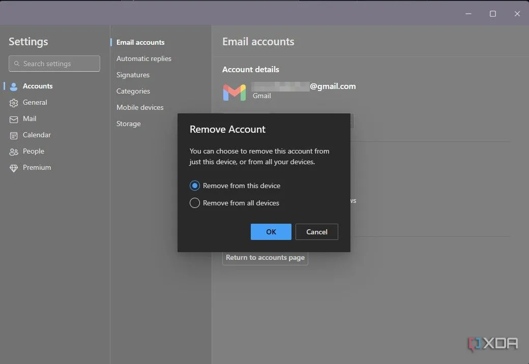 Hộp thoại xác nhận gỡ tài khoản Outlook khỏi thiết bị Windows hoặc tất cả thiết bị