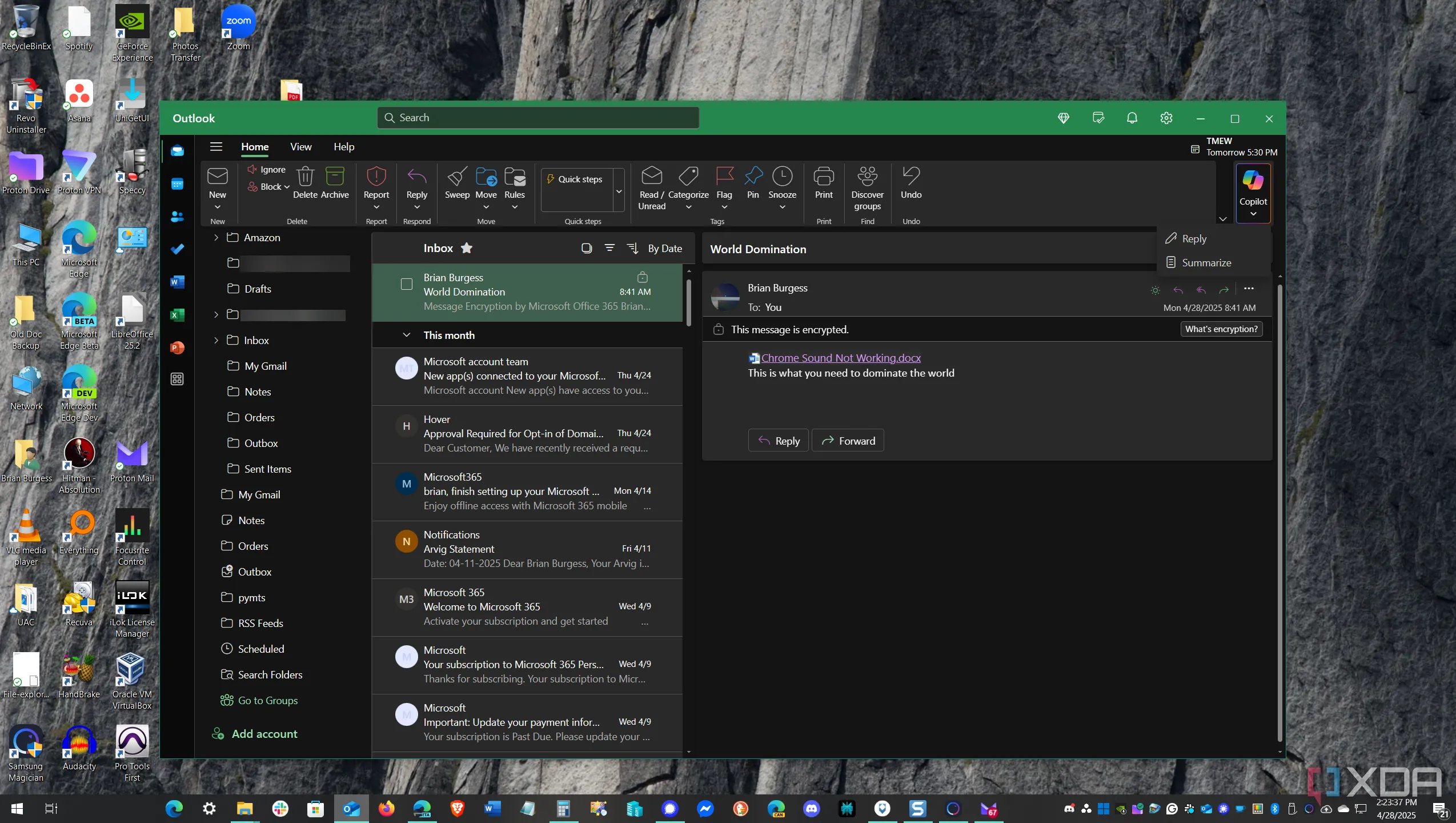 Hộp thư email được mã hóa hiển thị trong ứng dụng Outlook, nhấn mạnh tầm quan trọng của tính bảo mật và sự liên tục trong giao tiếp email.