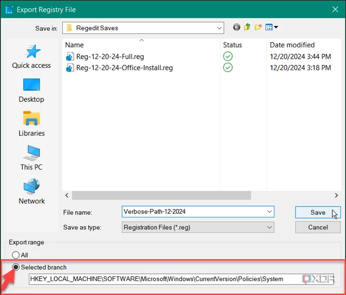 Hướng dẫn chọn đường dẫn Registry riêng lẻ để xuất và sao lưu