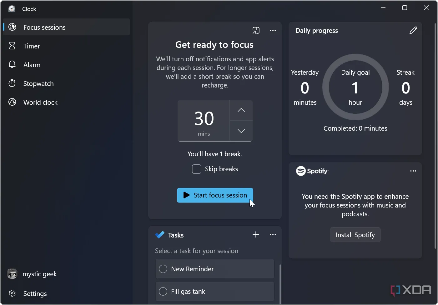 Hướng dẫn khởi động tính năng Phiên tập trung (Focus sessions) trong ứng dụng Đồng hồ của Windows, giúp người dùng tập trung làm việc hiệu quả.