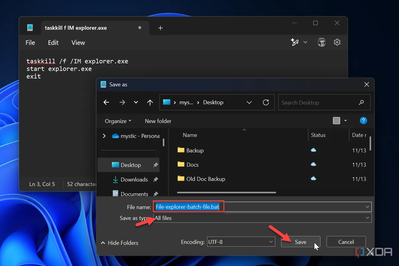 Hướng dẫn lưu file batch (.bat) để tự động khởi động lại File Explorer trong Notepad