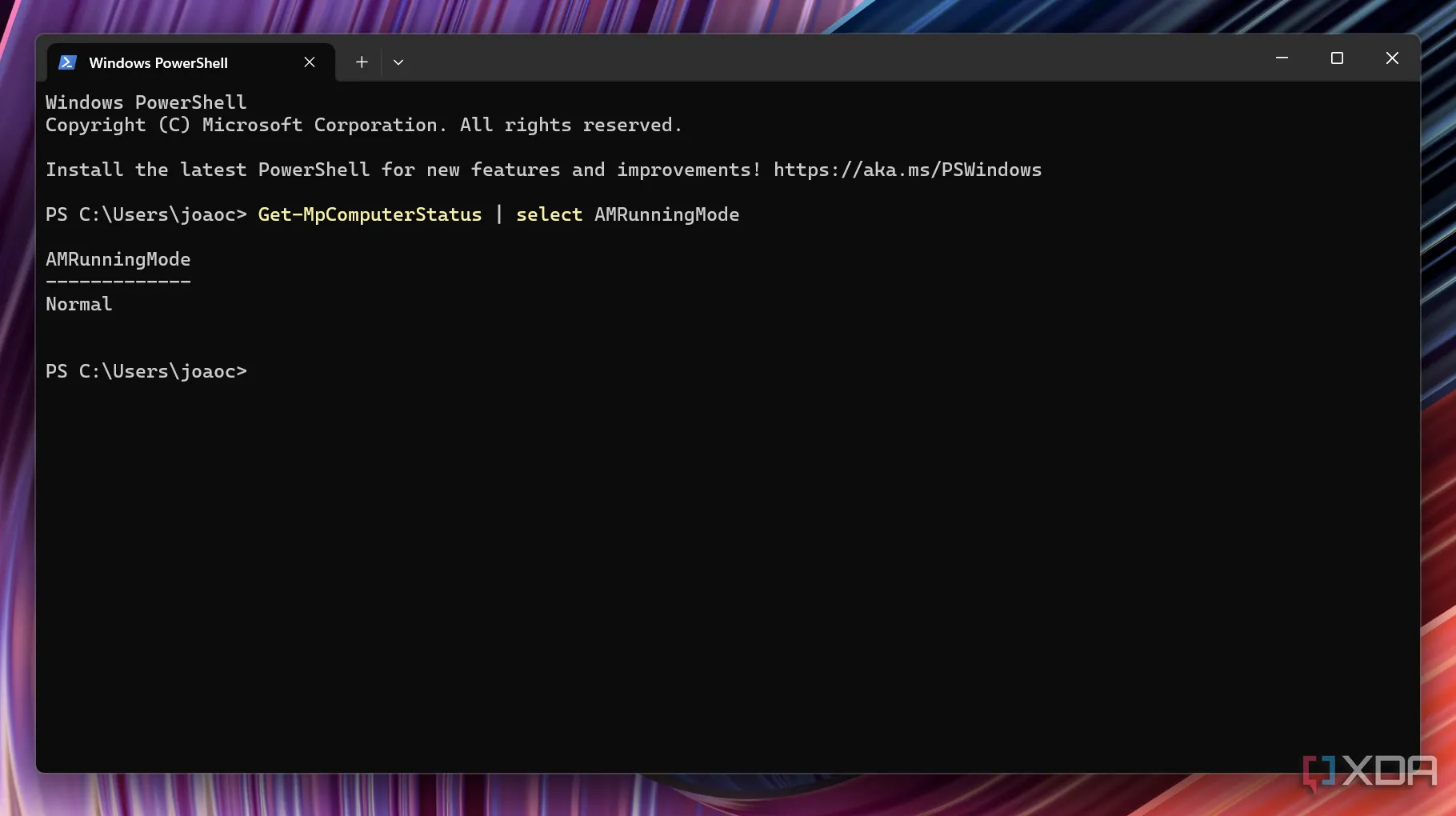 Kết quả kiểm tra trạng thái Microsoft Defender trong Windows Terminal hiển thị 'Normal' (Bình thường)