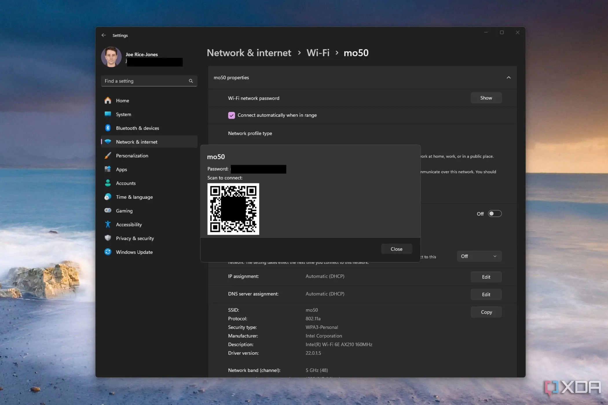 Mã QR để chia sẻ mật khẩu Wi-Fi hiển thị trong cài đặt mạng Wi-Fi của Windows 11, giúp kết nối nhanh chóng