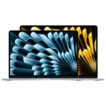 MacBook Air M4 2025 13 inch màu xanh mở ra trên bàn làm việc, thể hiện thiết kế mỏng nhẹ và màn hình sống động
