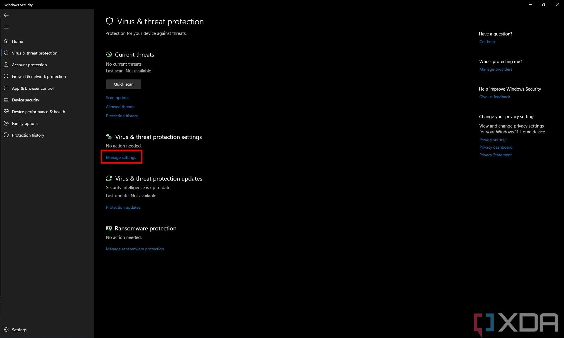 Màn hình cài đặt Bảo vệ Virus &amp; Mối đe dọa trong Windows Security, chọn Quản lý cài đặt