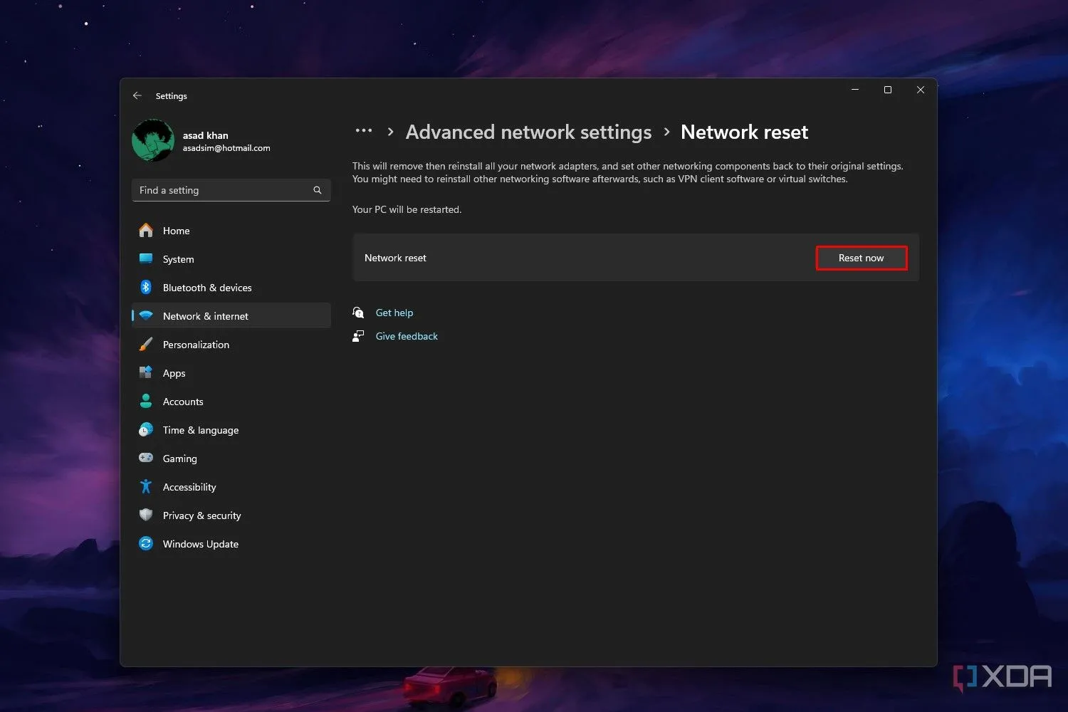 Màn hình cài đặt đặt lại mạng (Network Reset) trong Windows 11 với nút 'Đặt lại ngay' được tô sáng