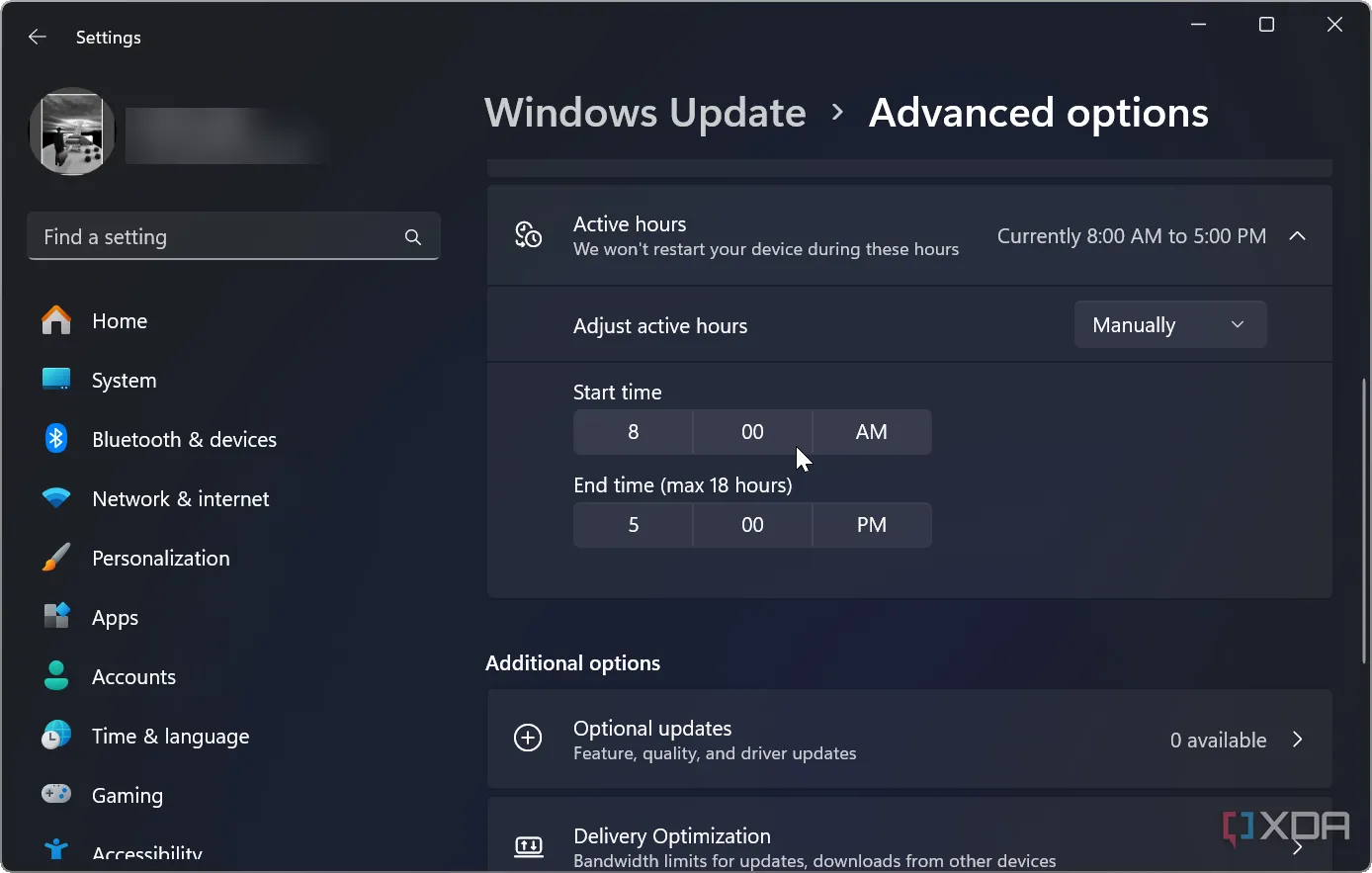 Màn hình cài đặt Giờ hoạt động trên Windows 11, giúp người dùng chủ động quản lý thời gian khởi động lại hệ thống sau cập nhật.