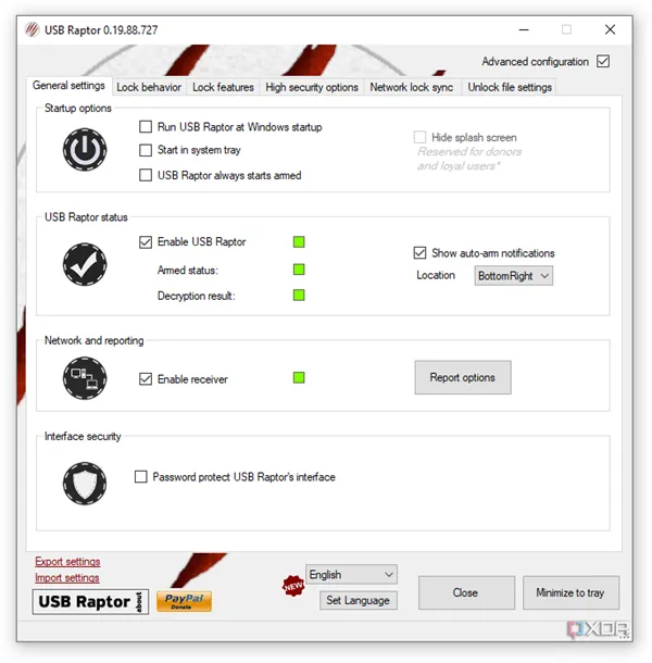 Màn hình cài đặt nâng cao của USB Raptor, hiển thị các tùy chọn bảo mật để khóa PC một cách an toàn và chi tiết hơn.