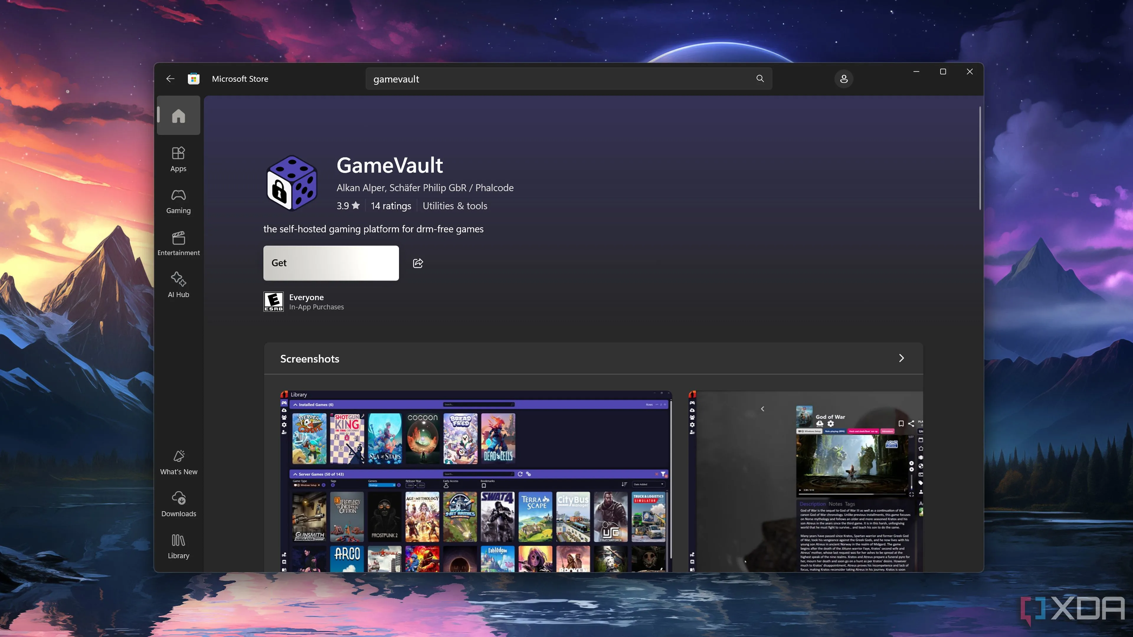 Màn hình cài đặt ứng dụng GameVault từ Microsoft Store trên Windows, hiển thị khả năng tổ chức bộ sưu tập game