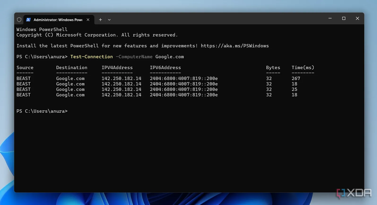 Màn hình PowerShell với giao diện lệnh Test-Connection để kiểm tra kết nối mạng
