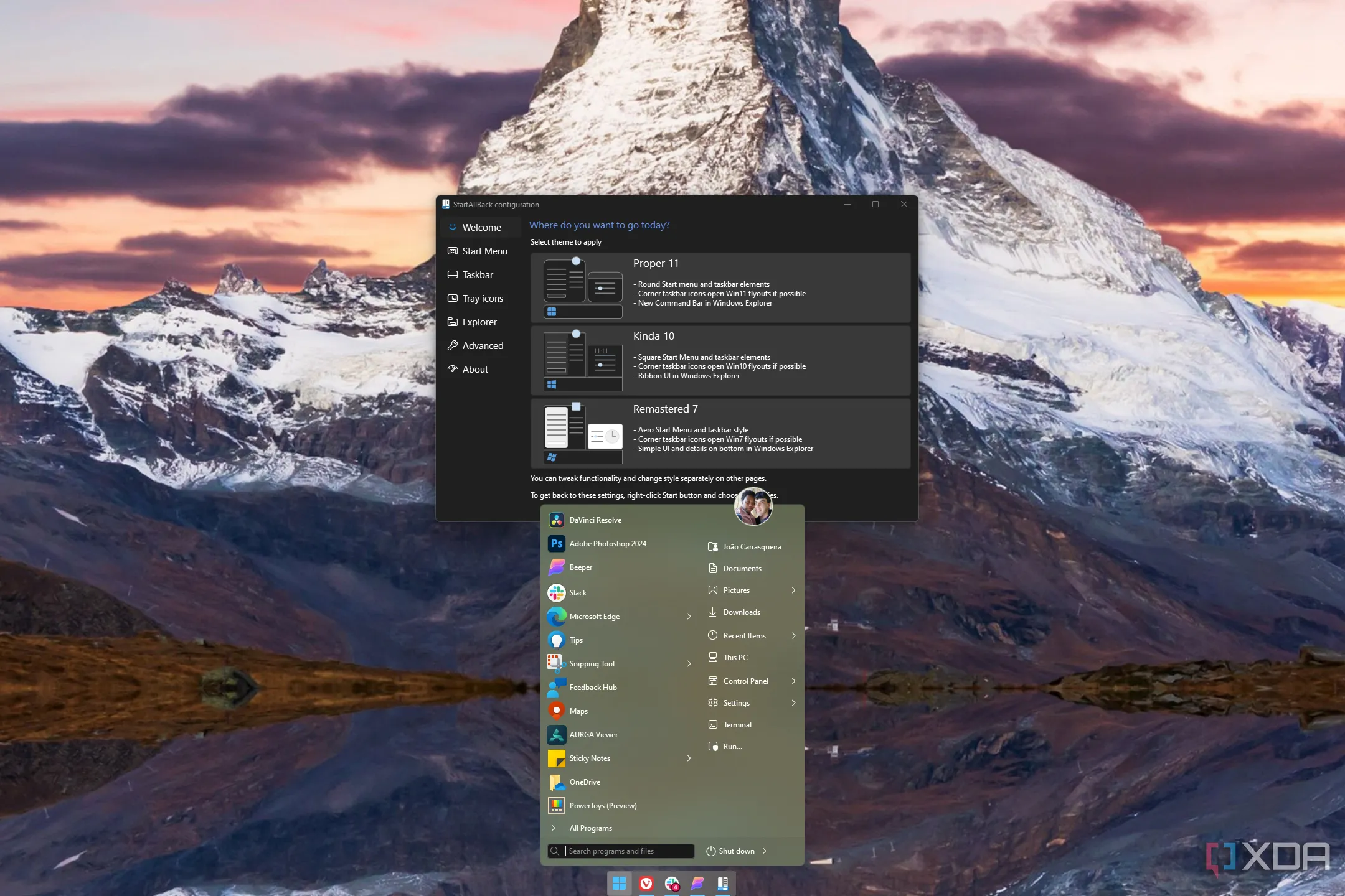 Màn hình Windows 11 hiển thị Start menu được tùy chỉnh bởi StartAllBack
