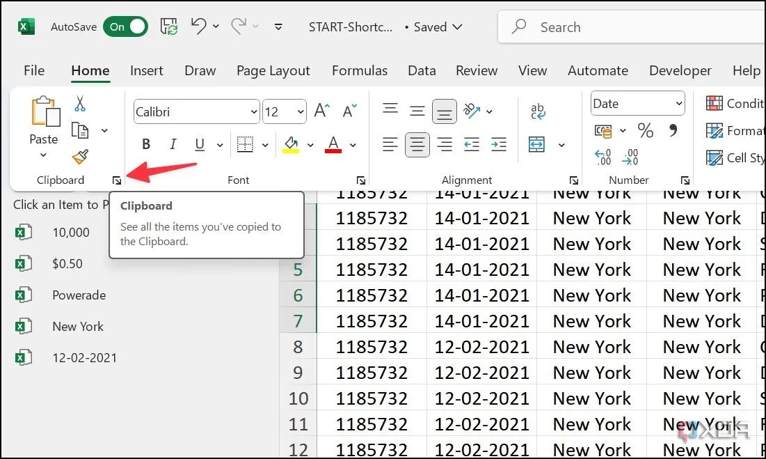 Mở bảng Clipboard trong Excel để dán nhiều nội dung