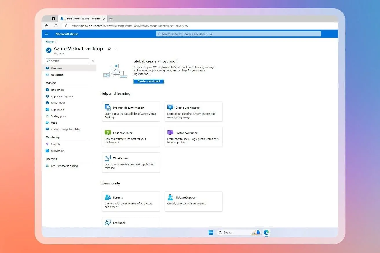 Môi trường Azure Virtual Desktop, một trong những nền tảng máy ảo bị ảnh hưởng bởi lỗi cập nhật KB5058405 của Windows 11.