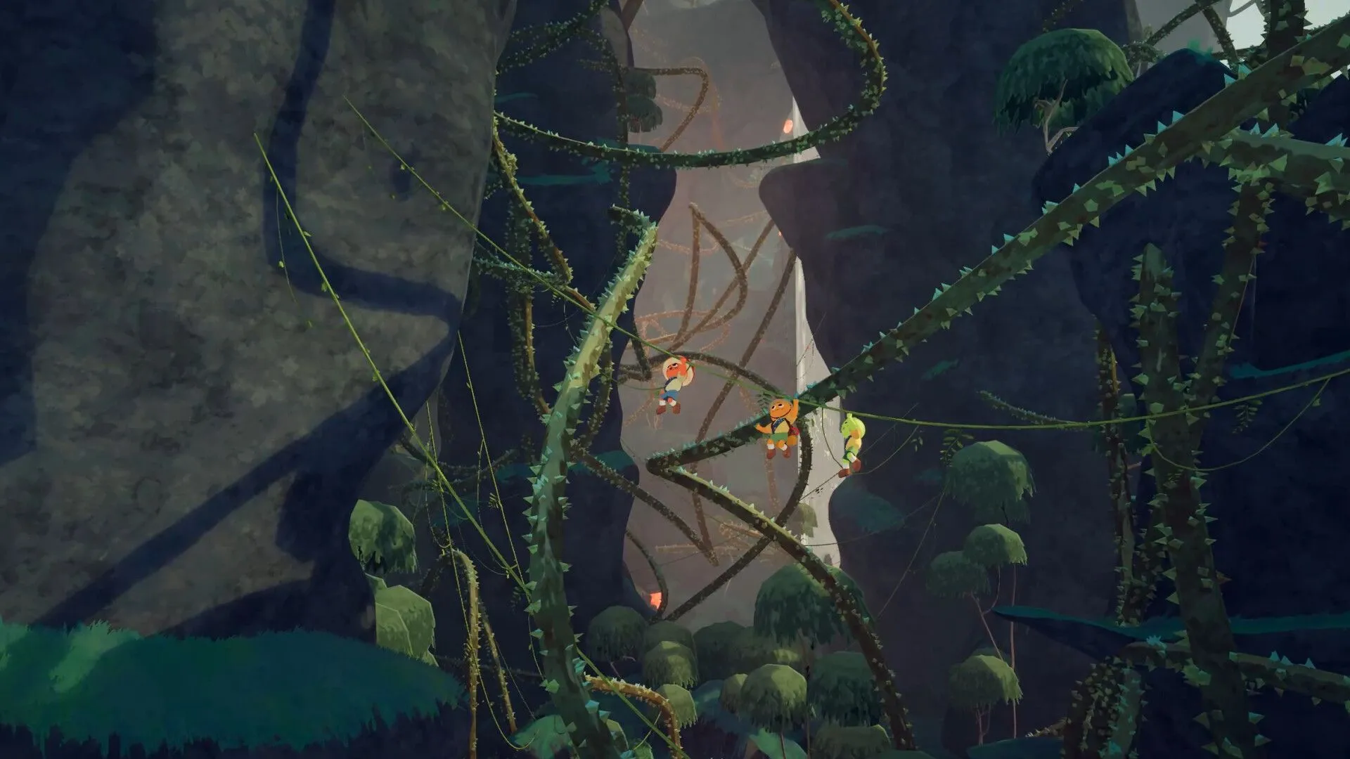 Người chơi Peak đang leo qua những dây leo trong khu rừng, minh họa đa dạng địa hình trong game.
