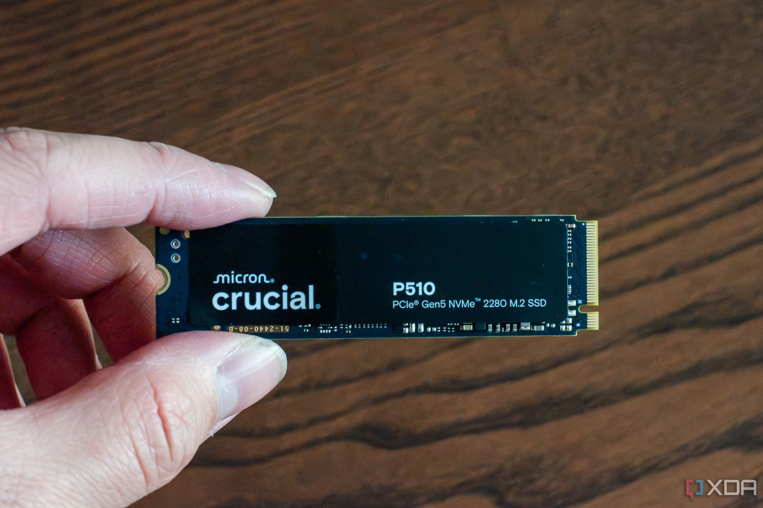 Người dùng cầm trên tay ổ cứng SSD Crucial P510 M.2 NVMe PCIe Gen 5, minh họa cho việc đánh giá hiệu năng thực tế của SSD thế hệ mới.