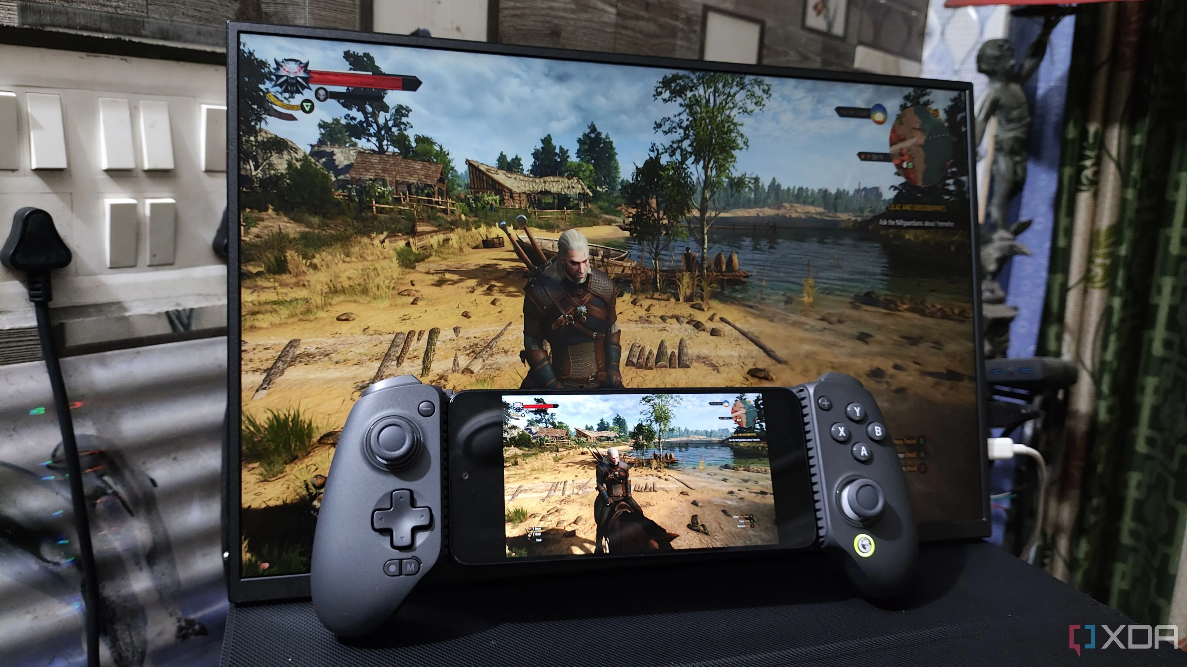 Người dùng trải nghiệm stream game The Witcher 3 từ PC sang điện thoại Poco M6 Pro bằng thiết lập Sunshine và Moonlight, minh họa giải pháp chơi game từ xa