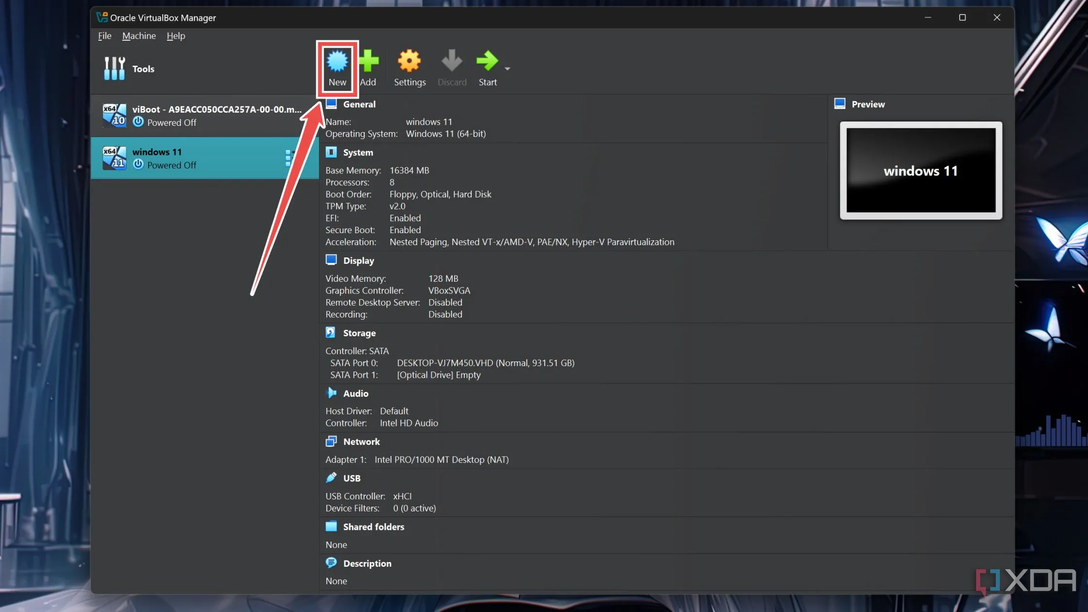 Nhấn nút New để tạo máy ảo mới trong VirtualBox