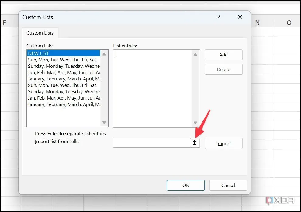Nhập danh sách tùy chỉnh từ các ô trong bảng tính Excel