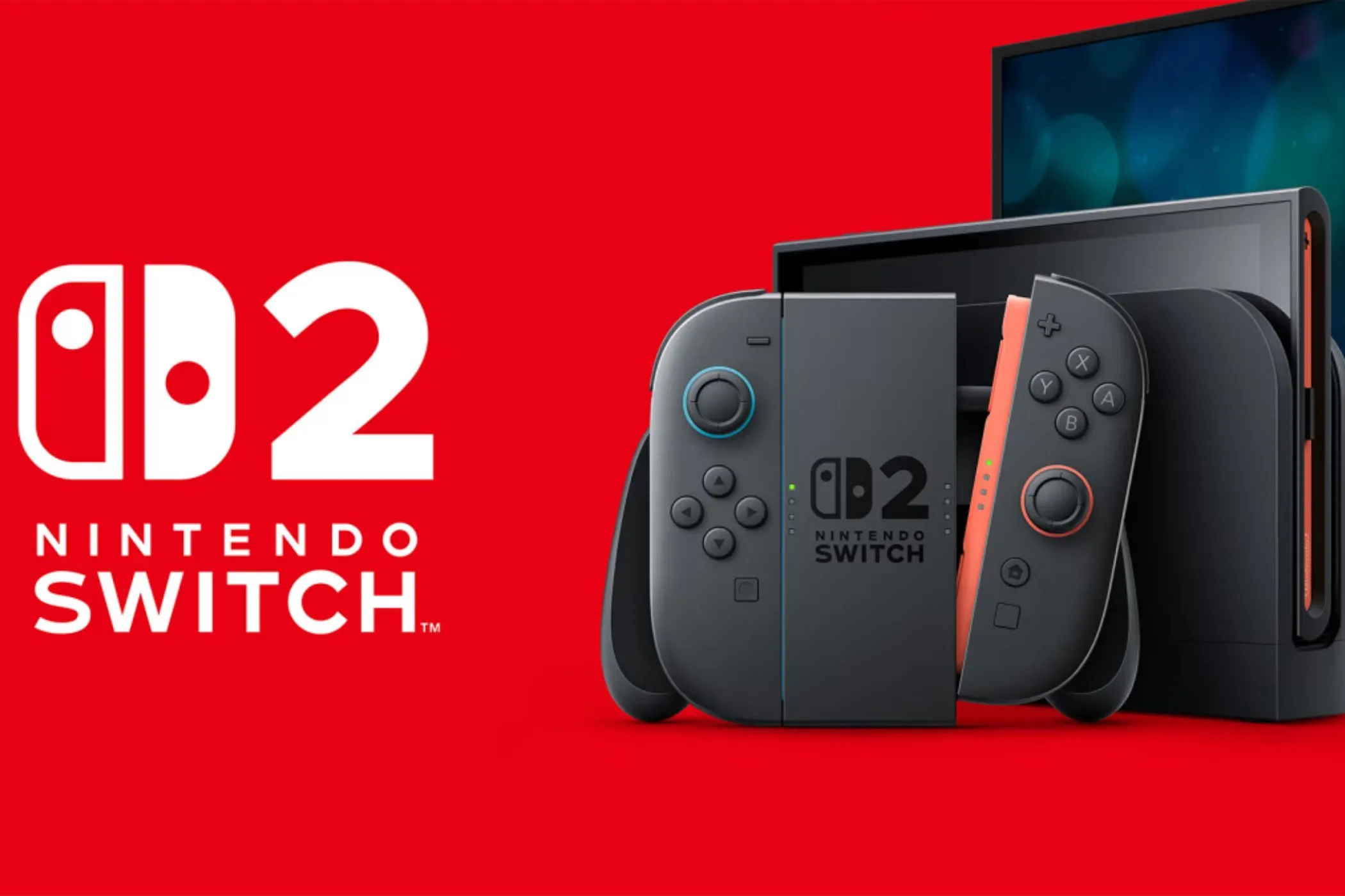 Nintendo Switch 2 với tay cầm Joy-Con thế hệ mới và dock sạc hiển thị logo thương hiệu