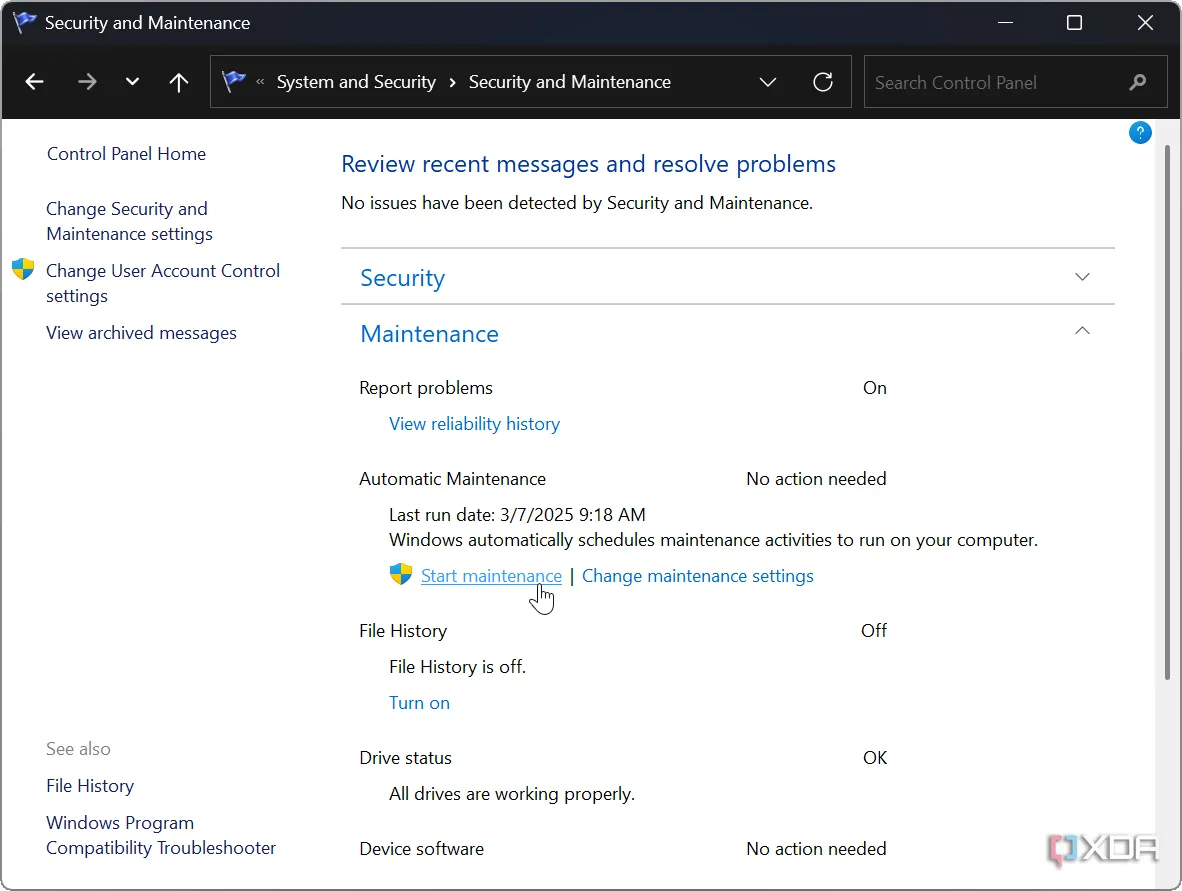 Nút Start maintenance trong Control Panel Windows 11