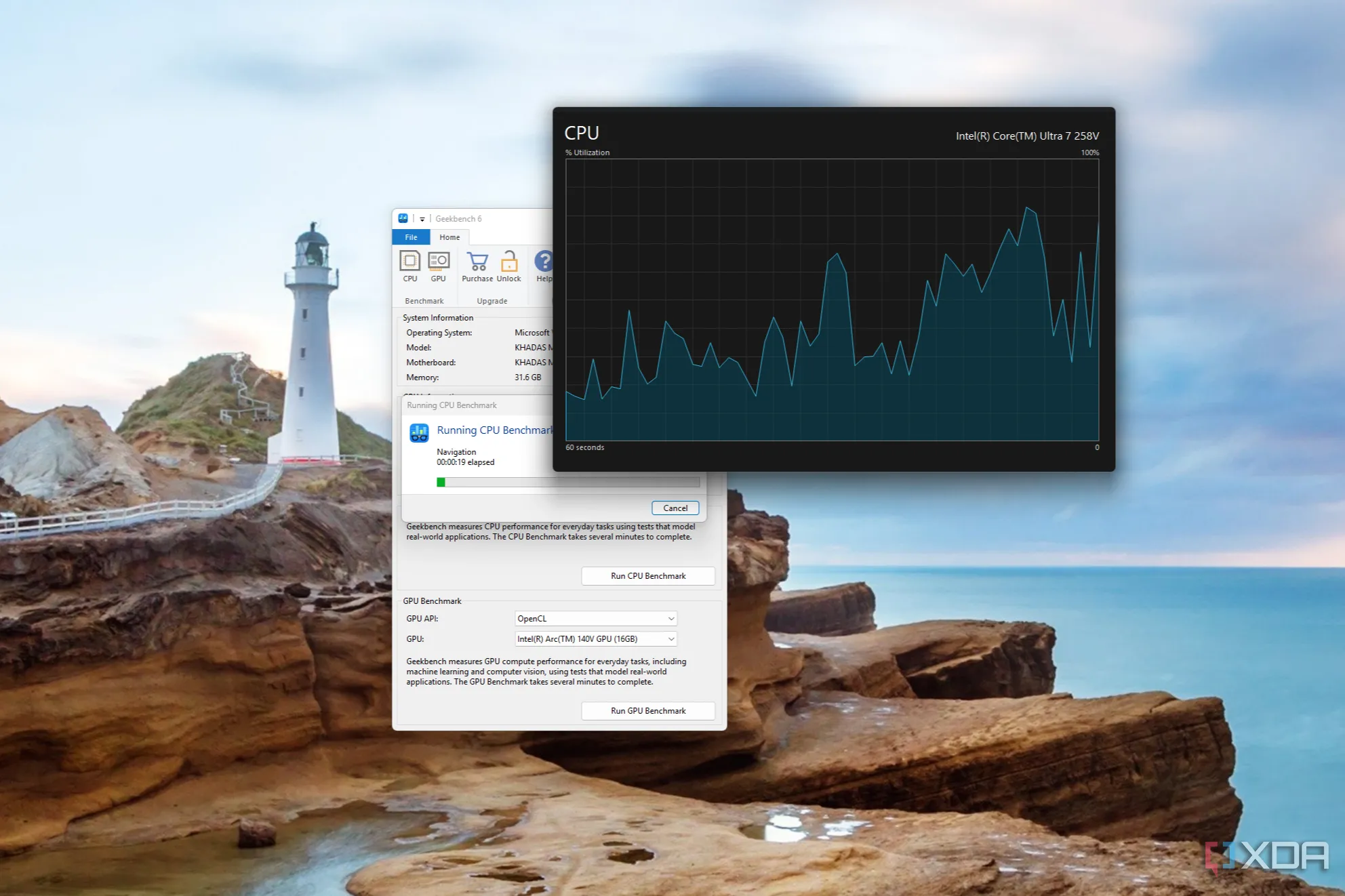 Screenshot of a Task Manager CPU graph next a Geekbench window while running a benchmark