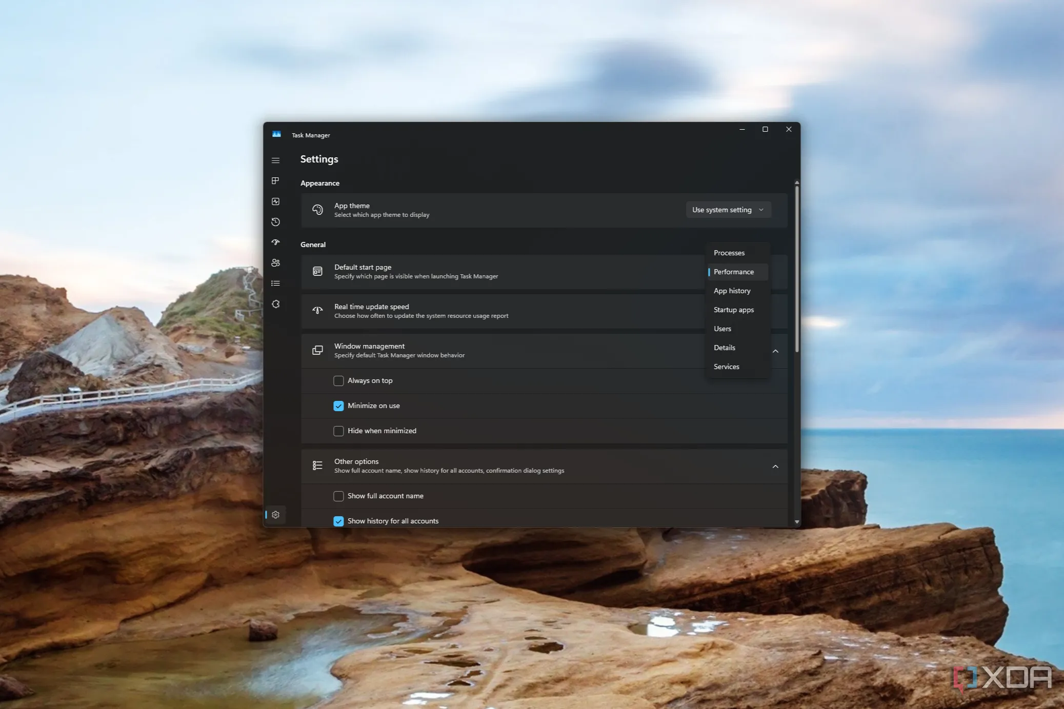 Screenshot of Task Manager settings showing the option to change the default start page