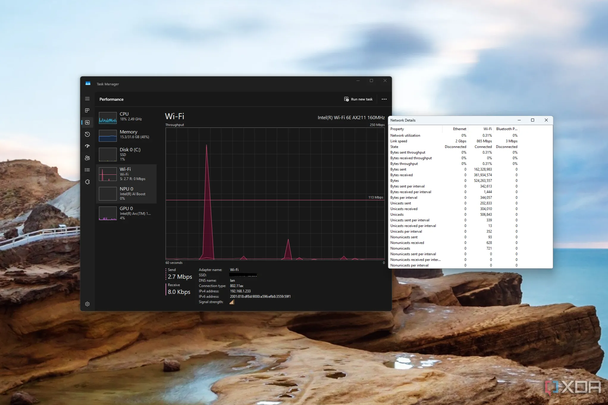 Screenshot of Task Manager showing network graph and the network details window