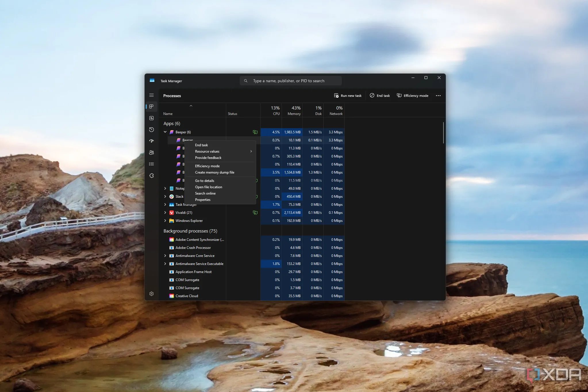 Screenshot of Task Manager showing the context menu when right-clicking a process